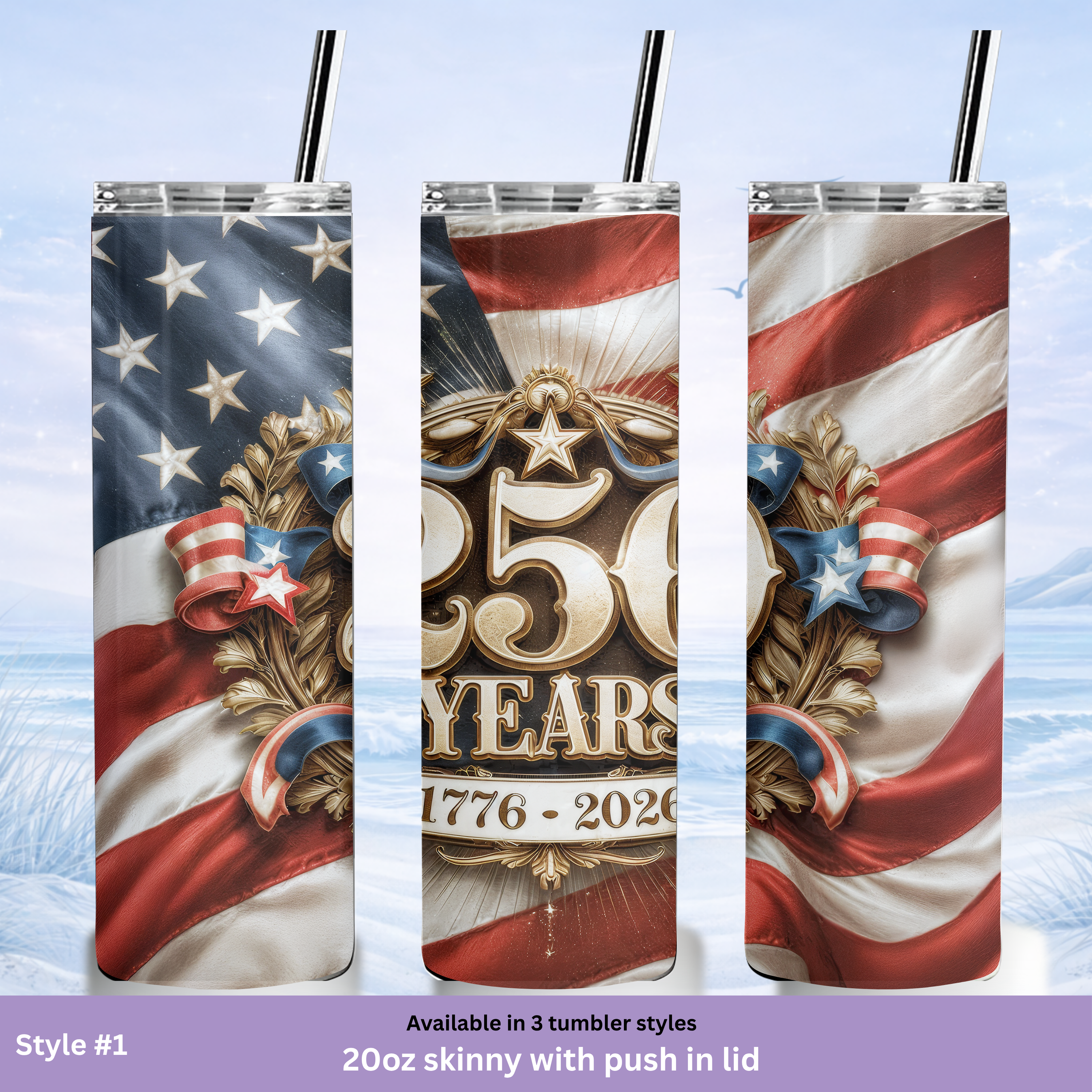 America 250 tumbler 20 oz skinny with push lid patriotic USA cup red white and blue swirl design