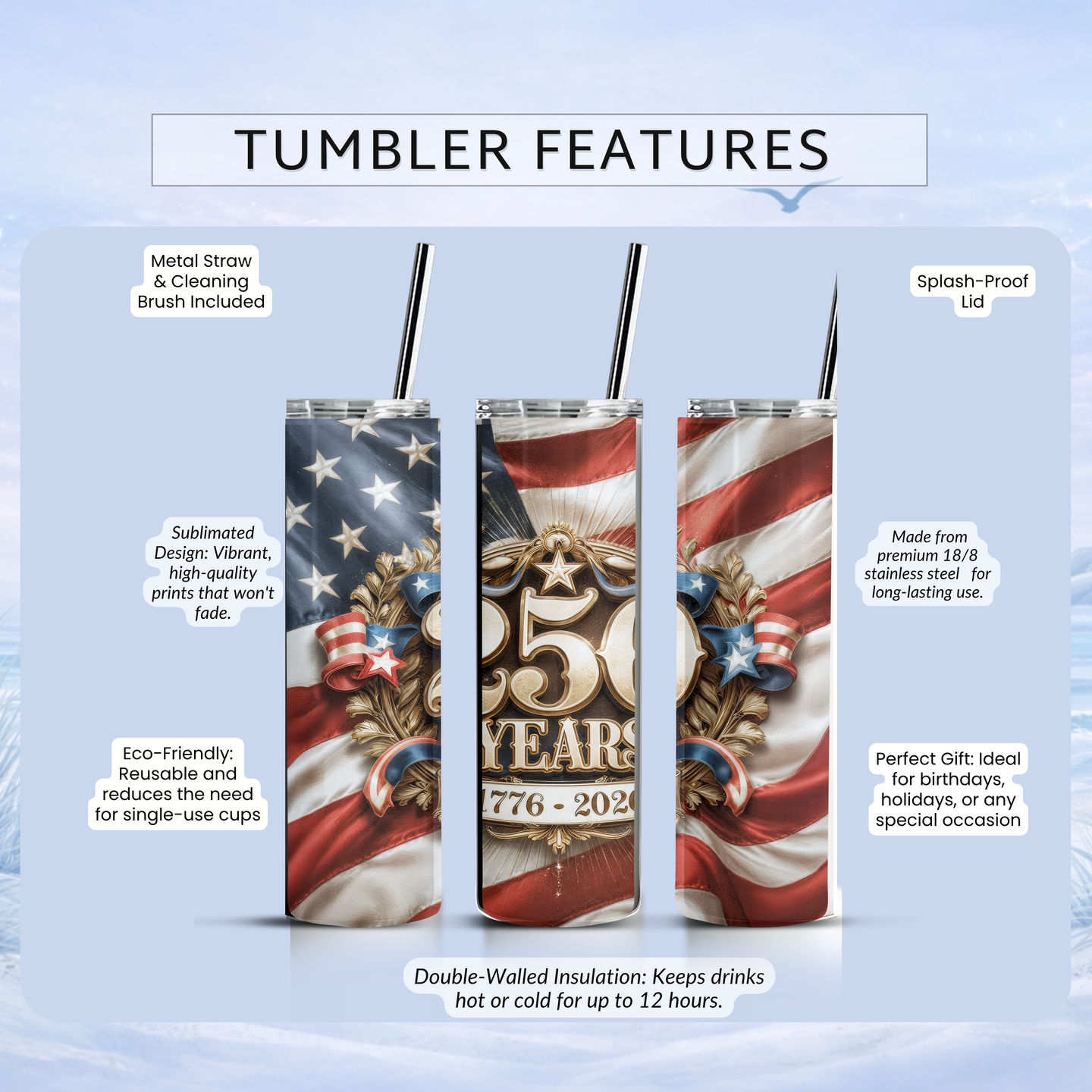 America 250 tumbler features 20 oz skinny tumbler insulated stainless steel patriotic USA cup with lid and straw