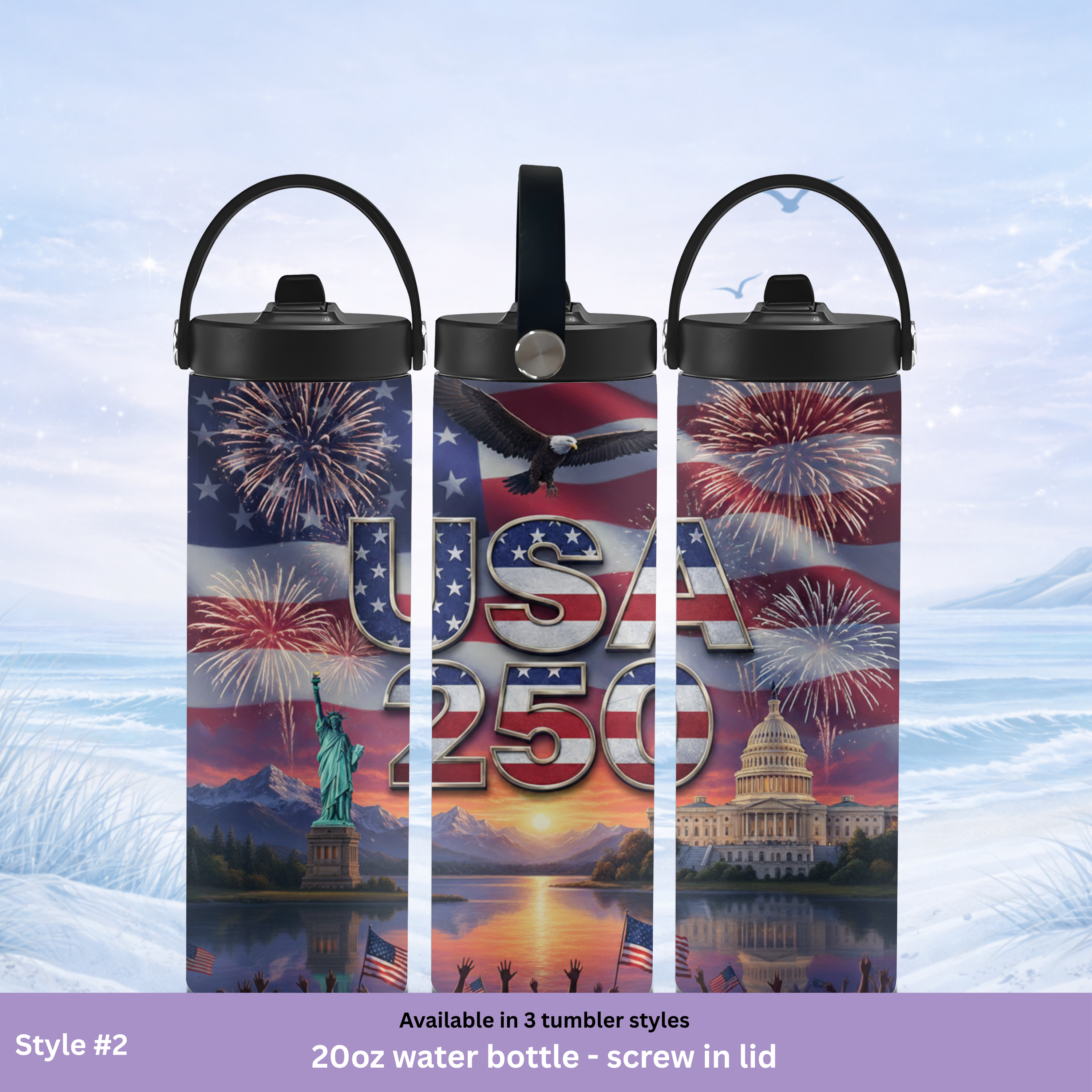 America 250 tumbler water bottle style 20 oz screw lid patriotic USA drinkware American flag design