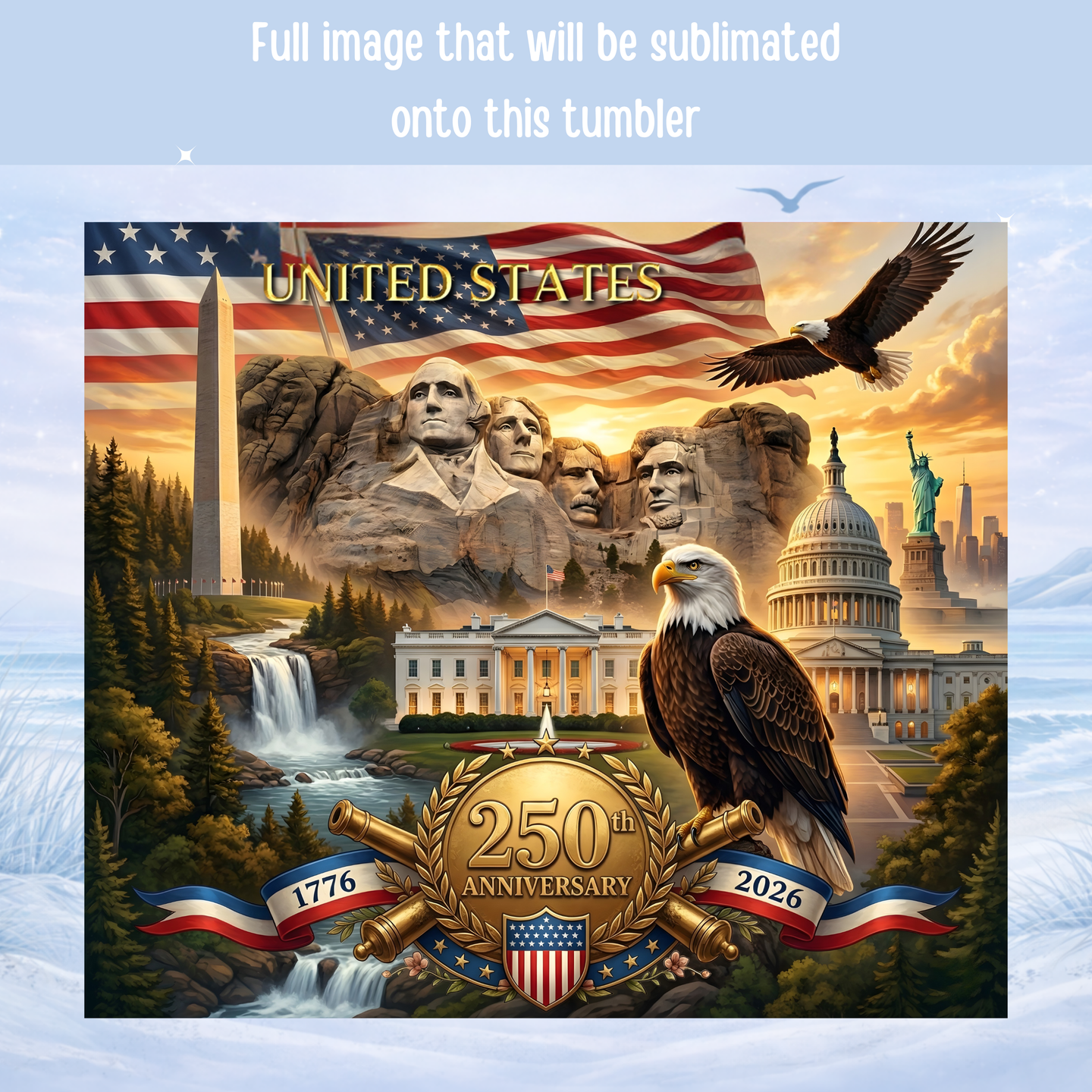 American flag eagle stainless steel insulated tumbler USA landmarks