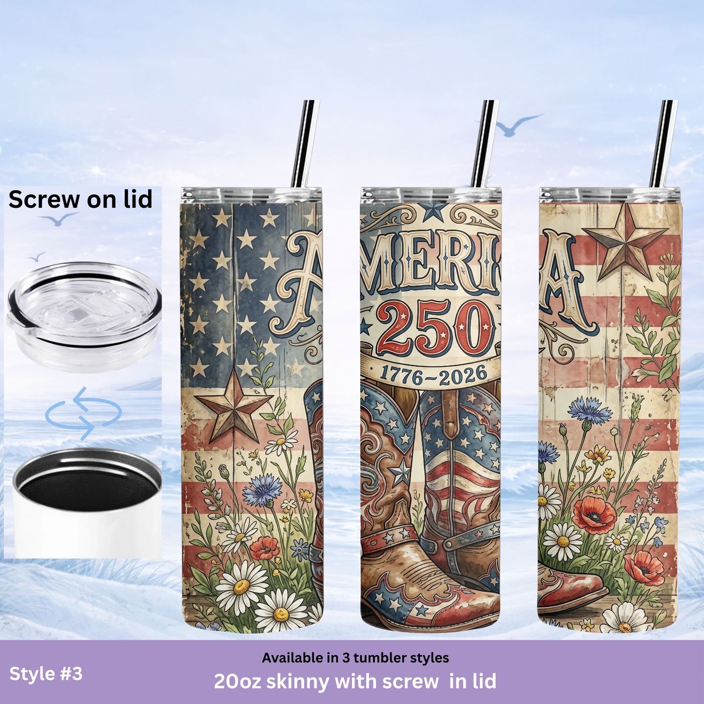 American flag floral tumbler vintage style insulated cup