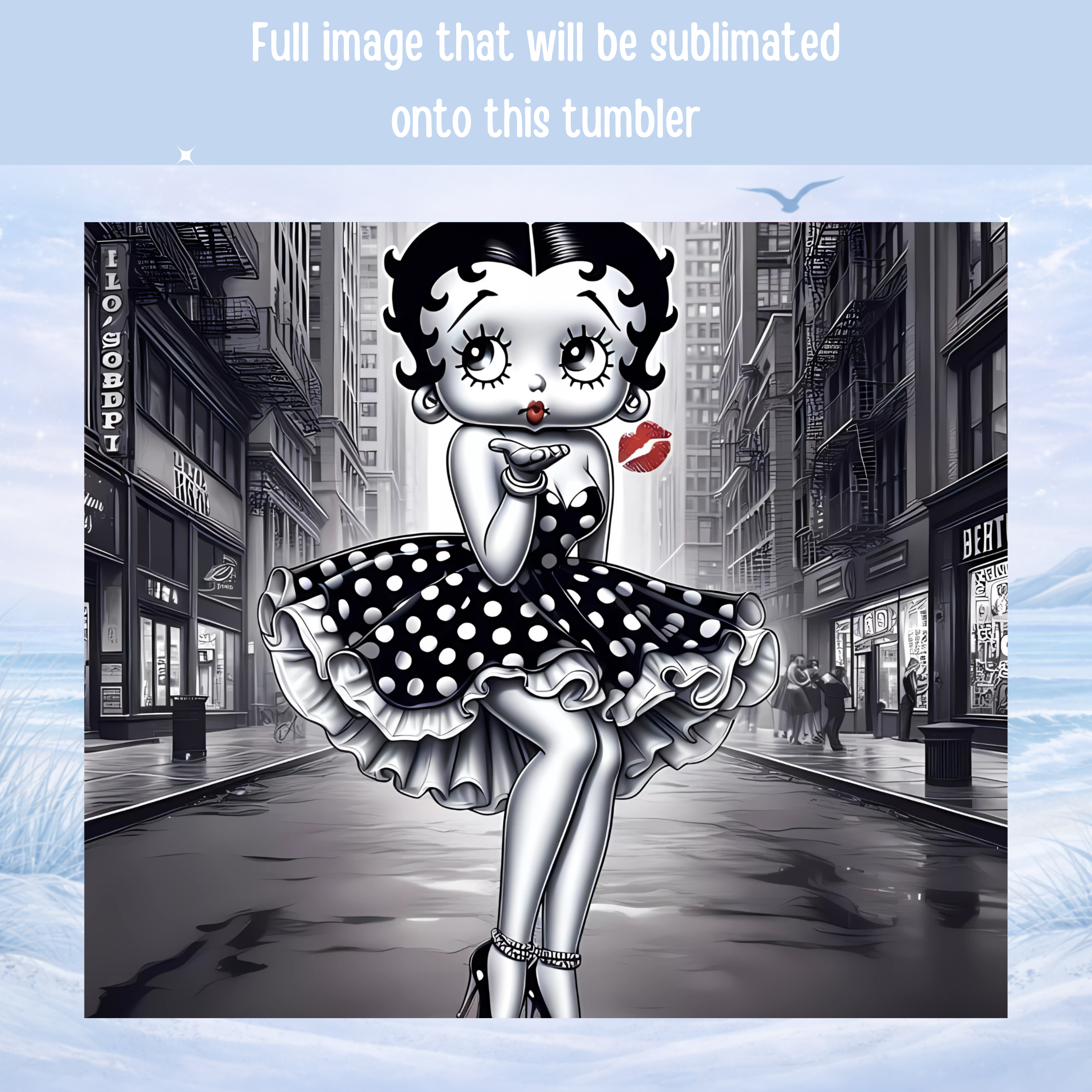 Betty Boop  in a polka dot dress standing on a city street with a gray and black color scheme.
