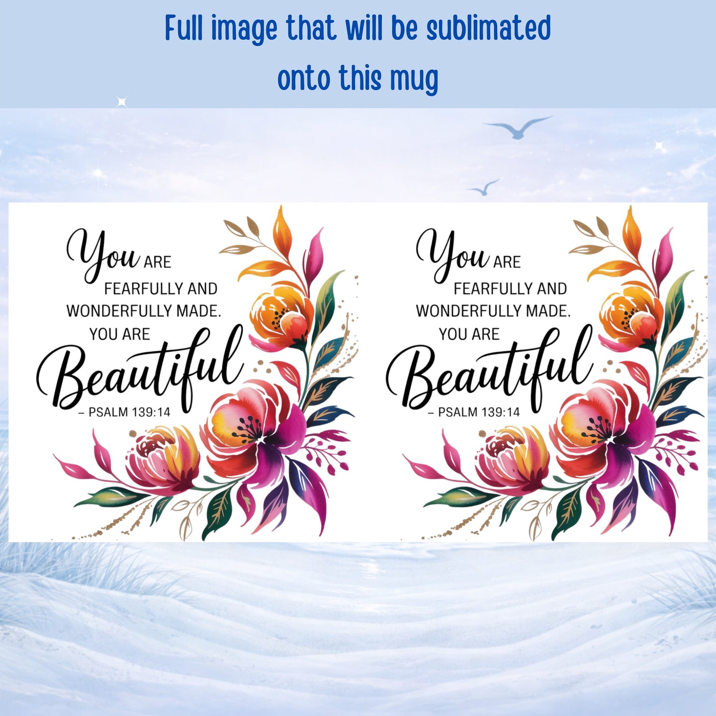 Bible verse mug with watercolor floral design Psalm 139 14