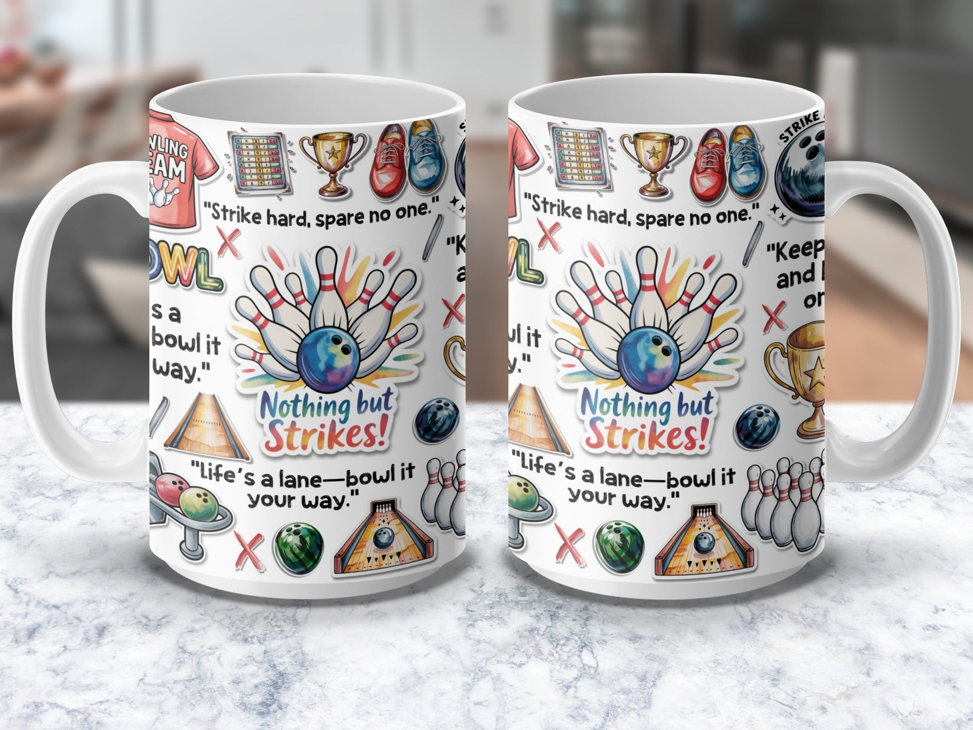Bowling coffee mug with pins and ball design