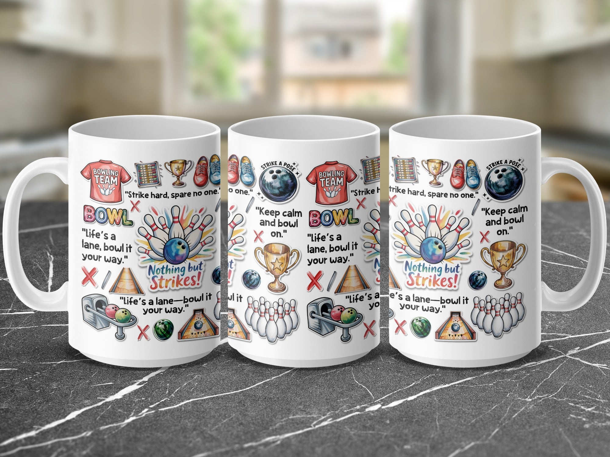 Bowling themed 15oz coffee mug with vibrant design