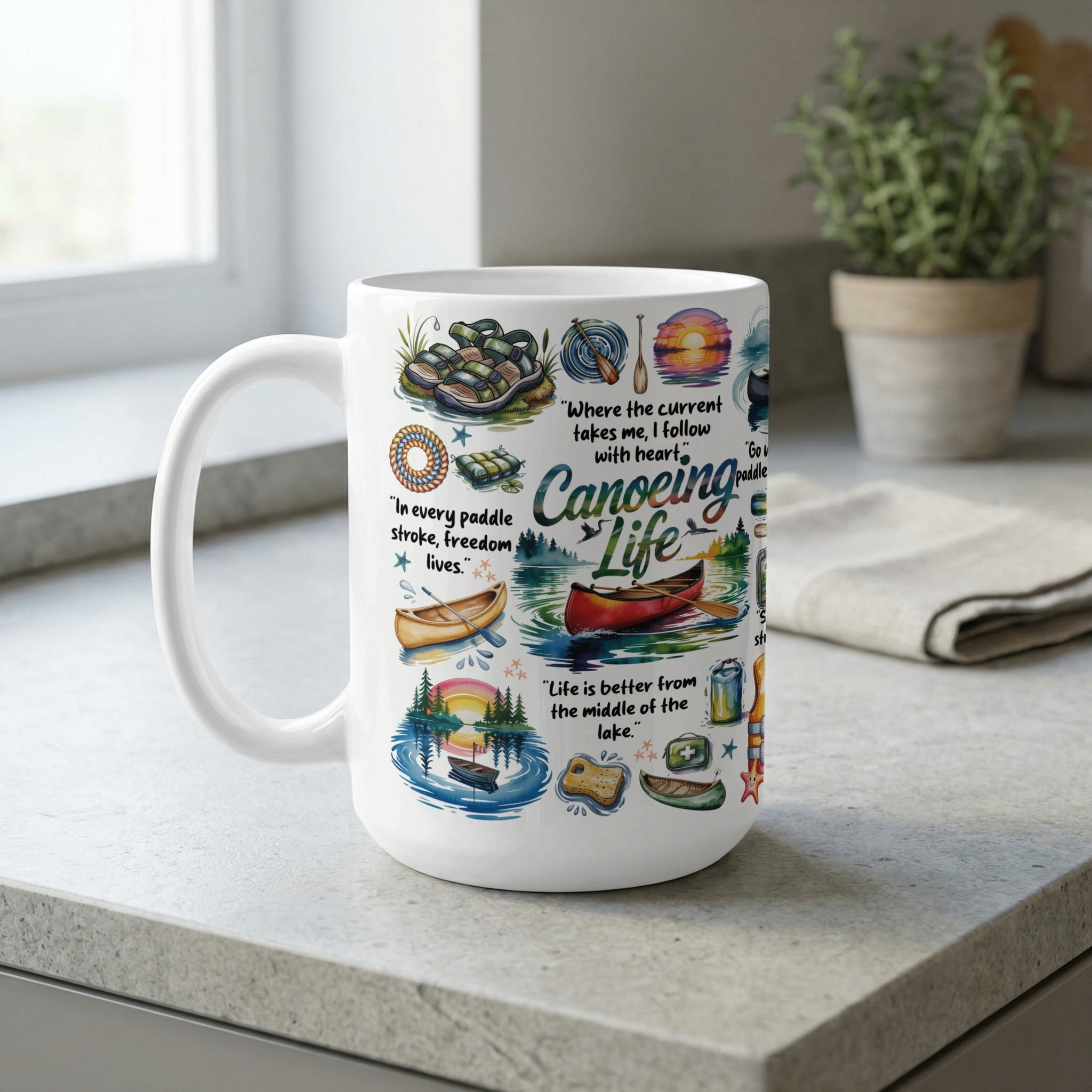 Camping and canoeing themed 15oz coffee mug