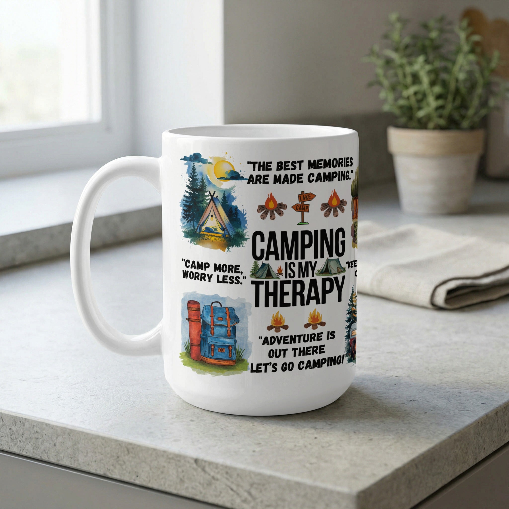 Camping gift mug with peaceful outdoor theme