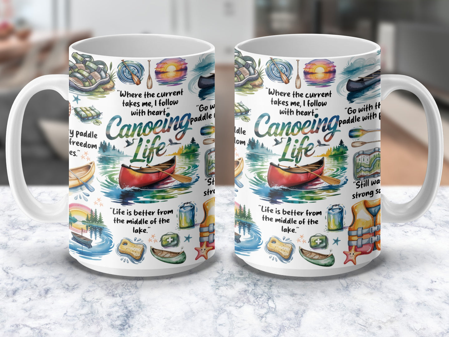 Canoeing coffee mug with lake and paddle design