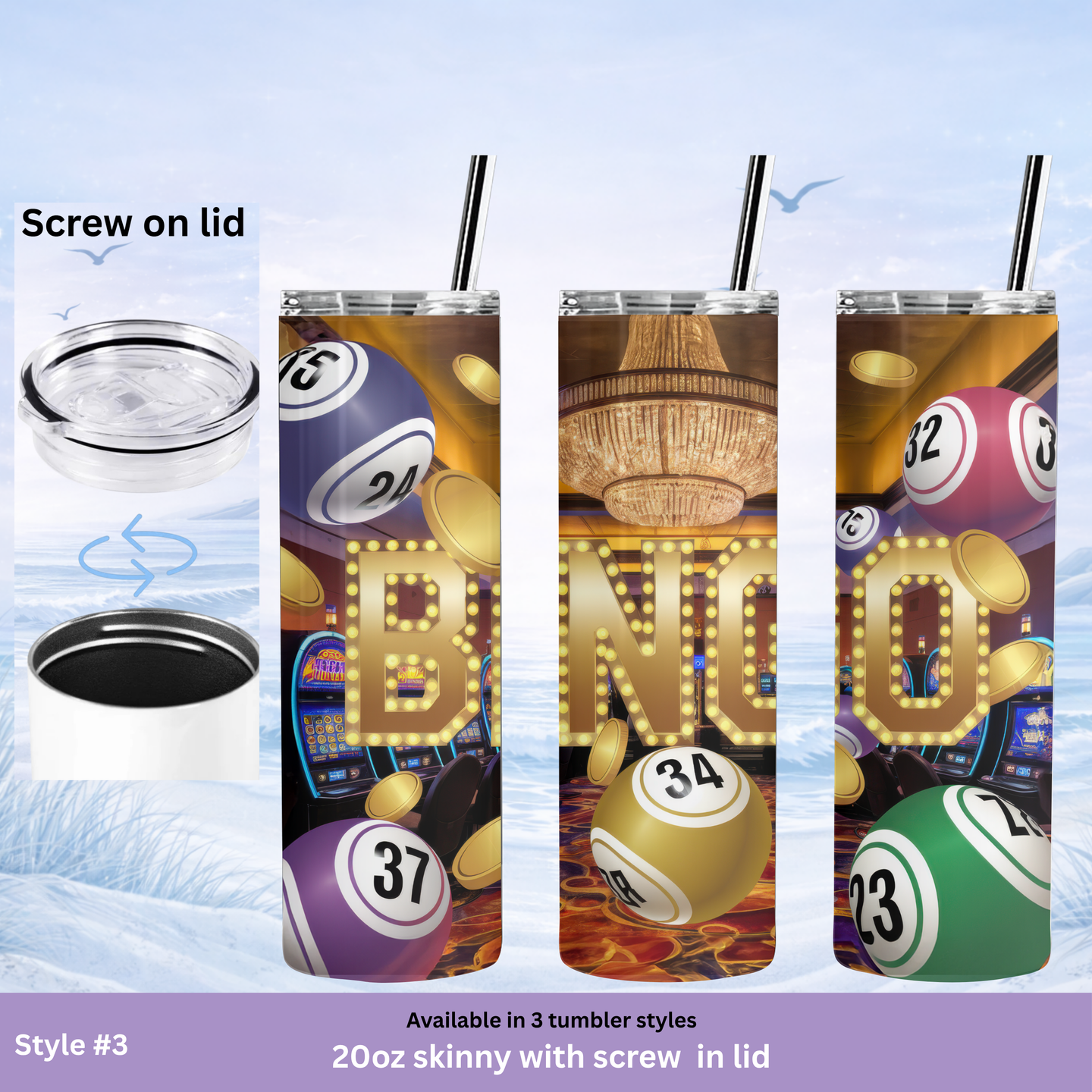 Four tumblers with different designs and text, including 'Screw on lid' and 'Bingo' theme.