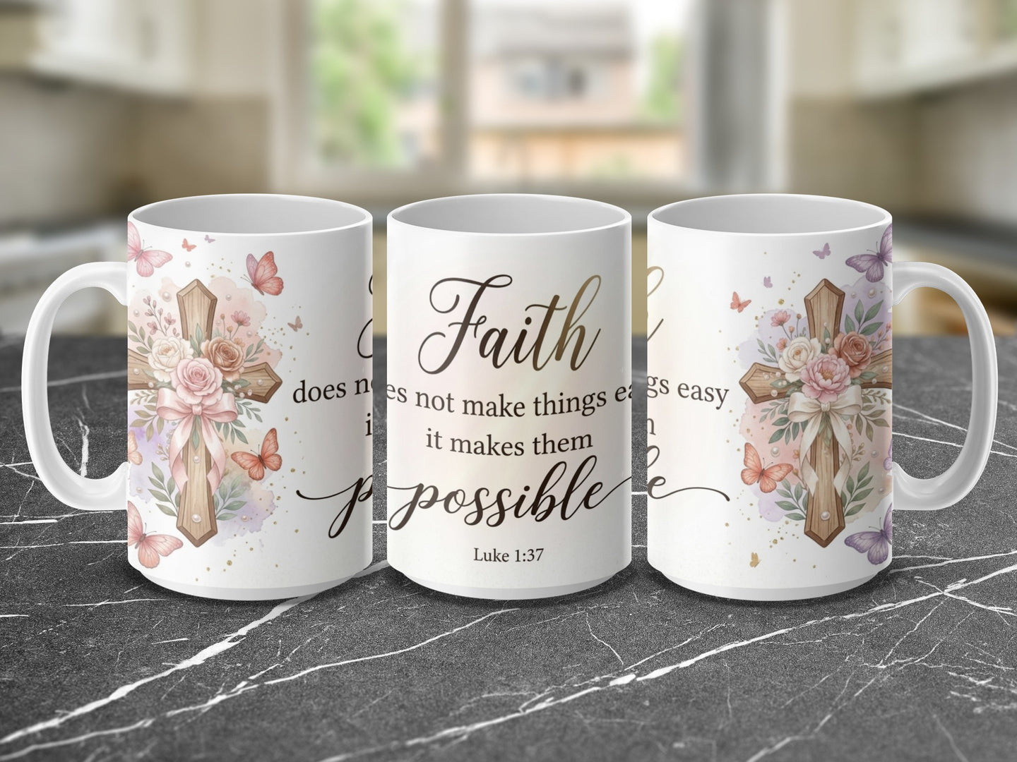 Christian coffee mug with Faith Possible message and floral artwork
