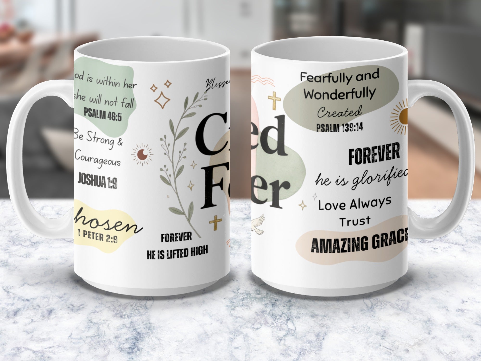 Christian coffee mug with Psalm 46:5 and Joshua 1:9