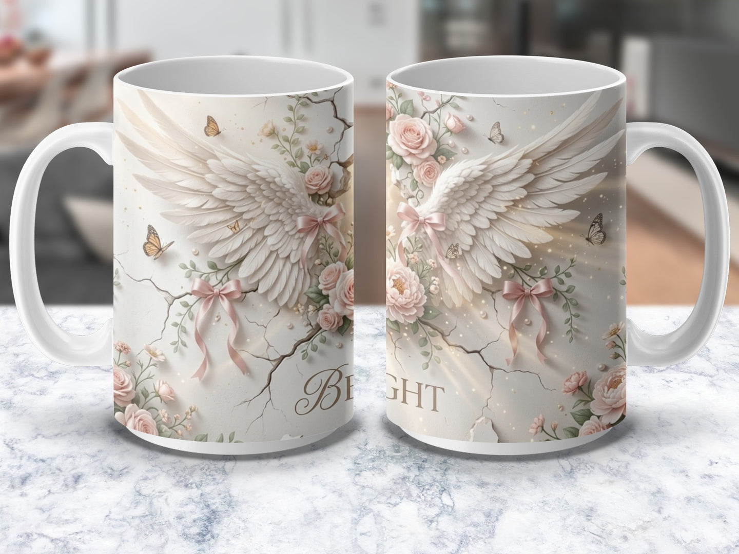 Christian coffee mug with angel wings cross and roses