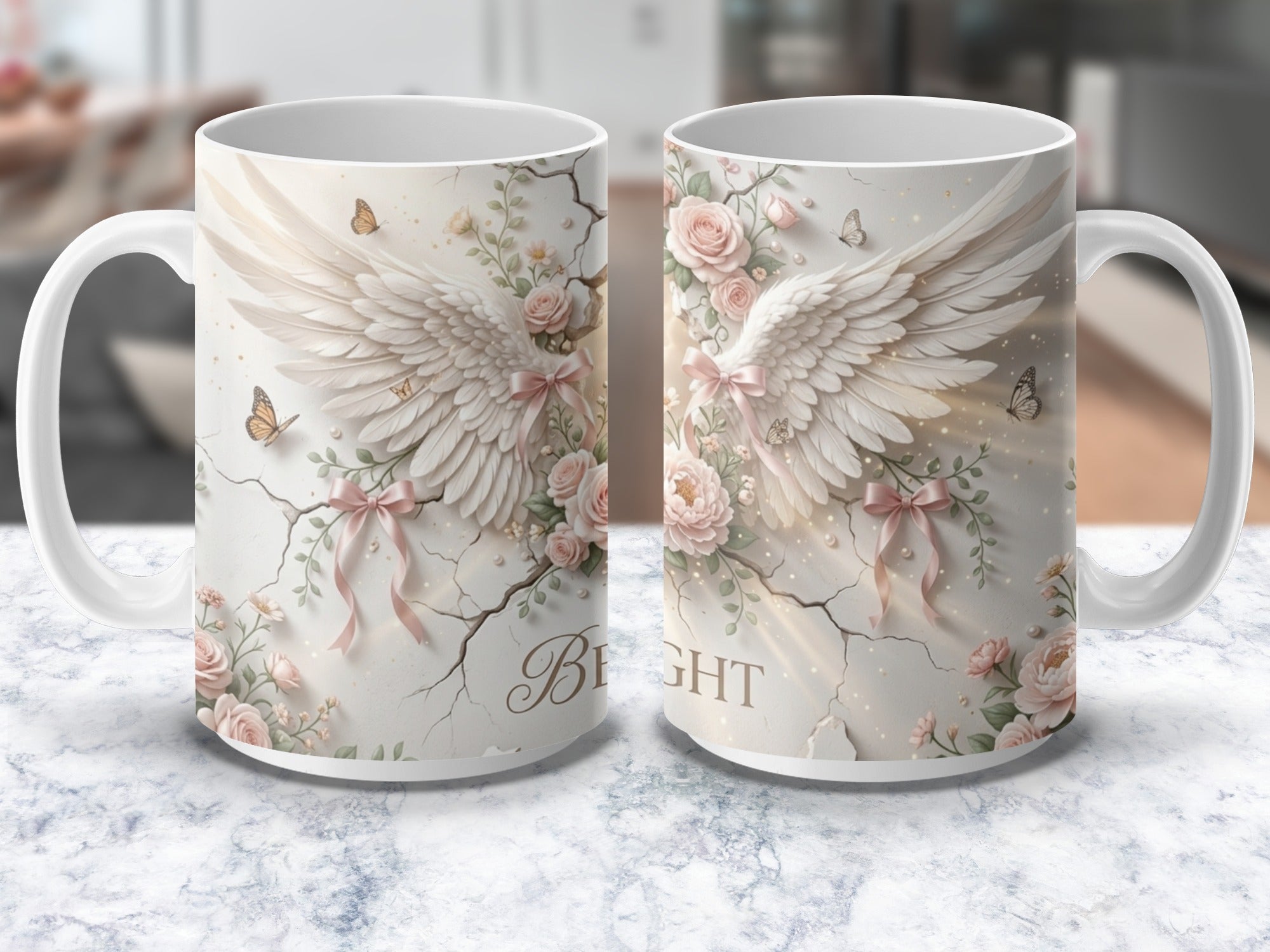 Christian coffee mug with angel wings cross and roses