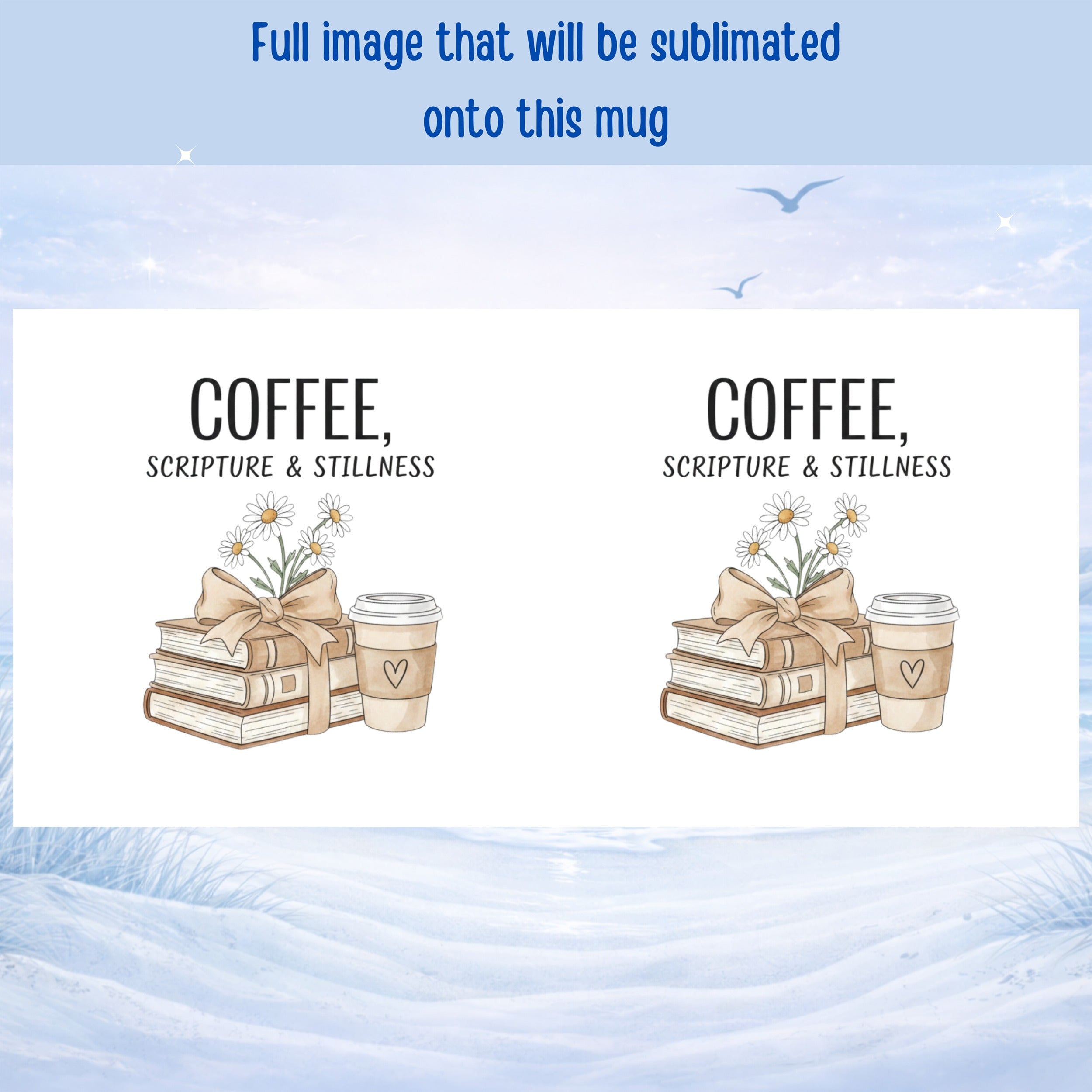 Christian coffee mug with books floral and scripture theme