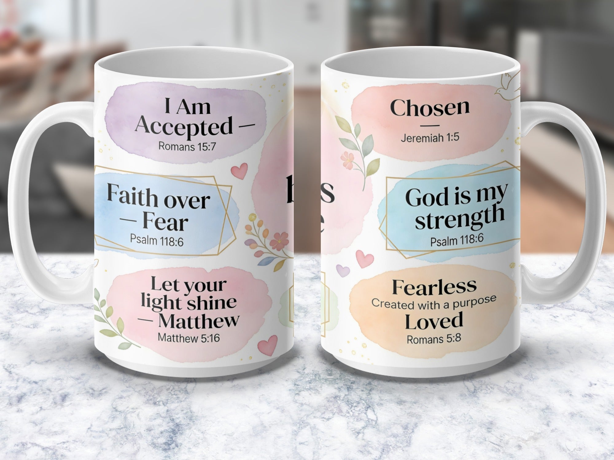 Christian coffee mug with empowering Bible verses design