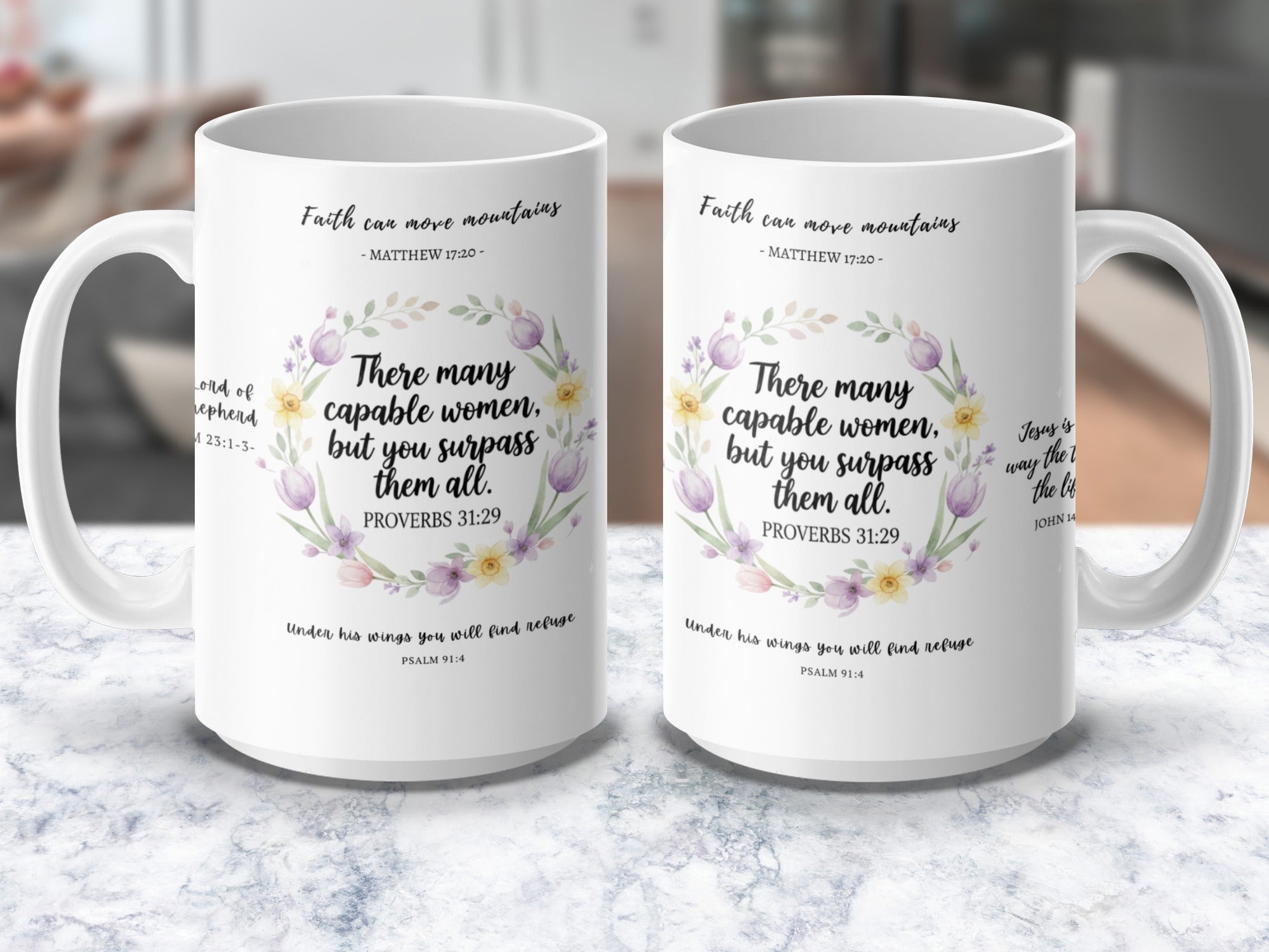 Christian coffee mug with inspirational Bible verses for women