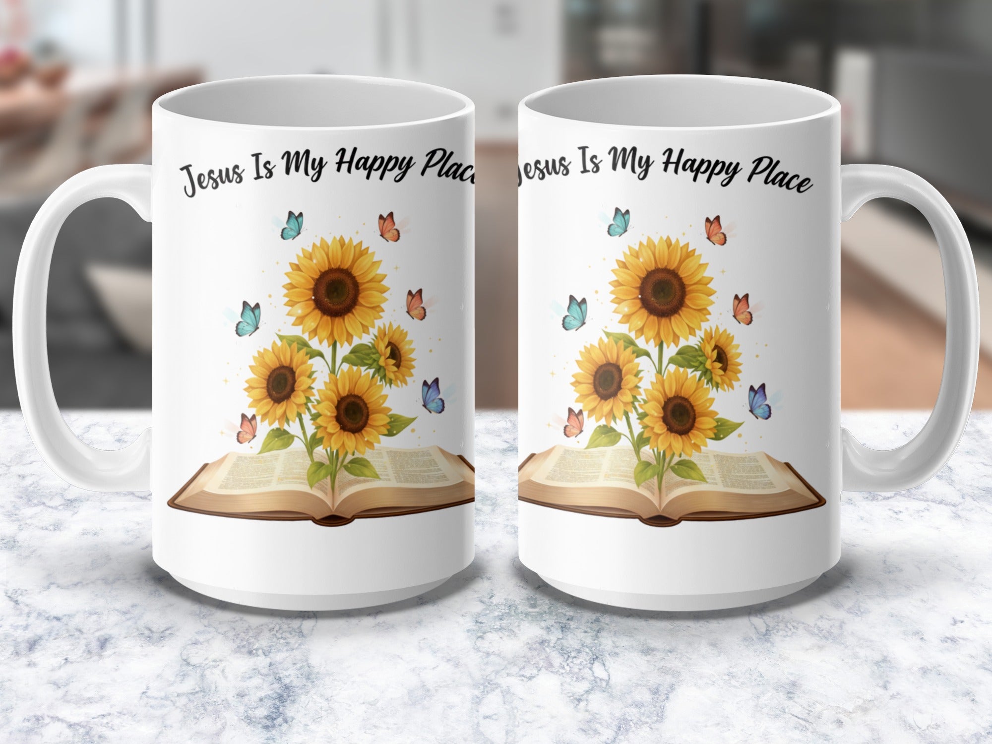 Christian coffee mug with sunflowers and Bible design