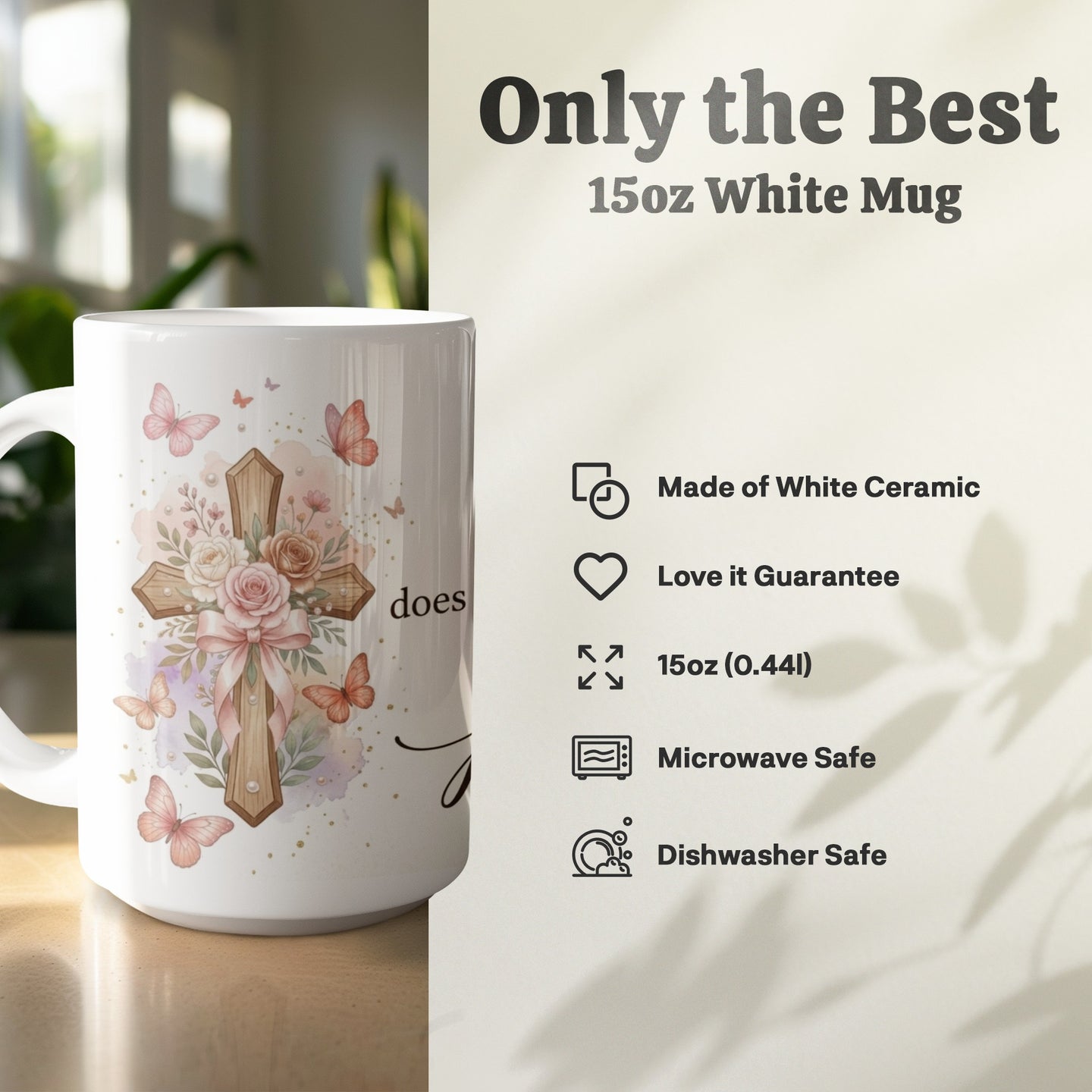 Christian gift mug with faith hope and floral cross theme