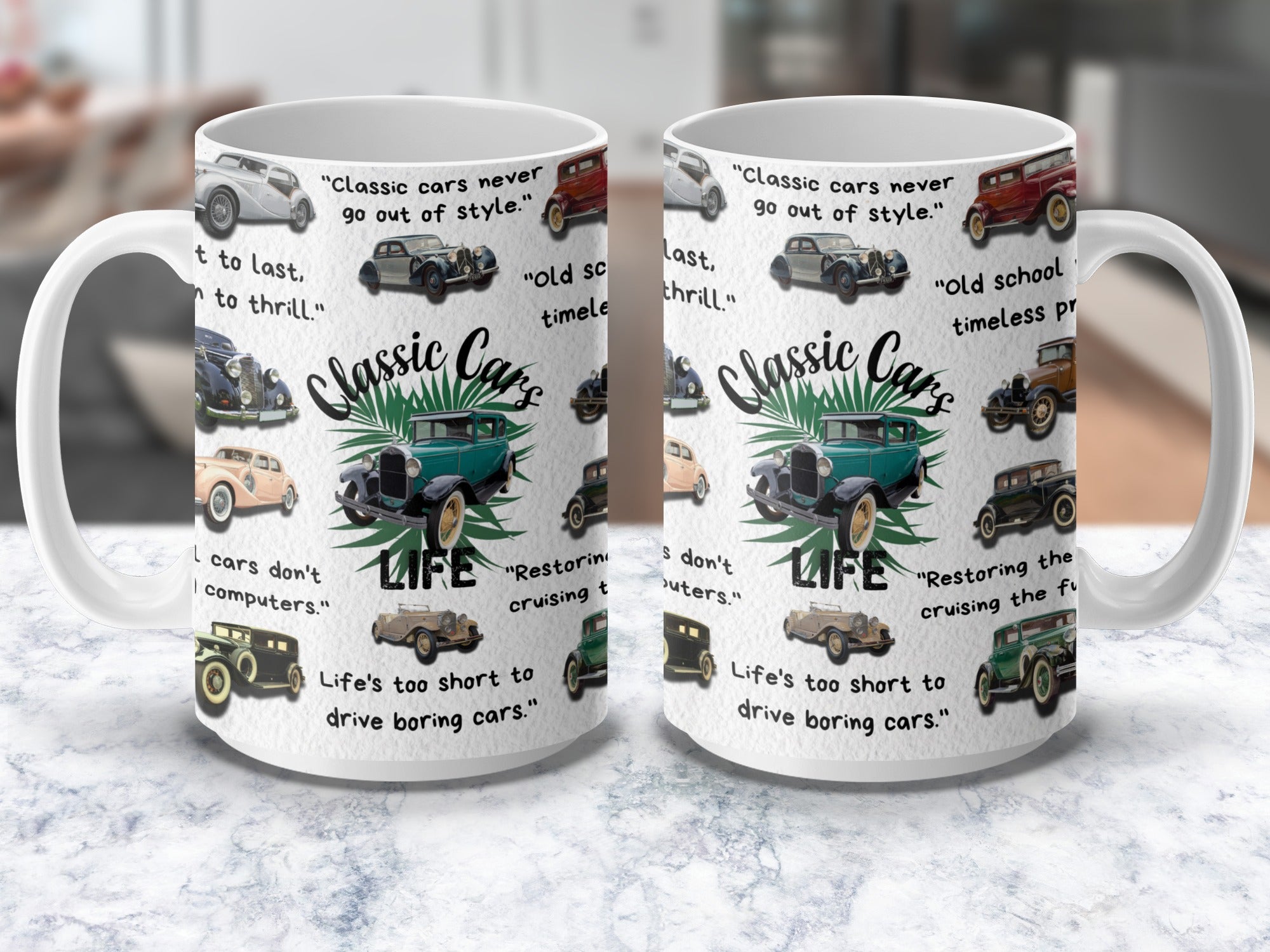 Classic car coffee mug with vintage automobile design