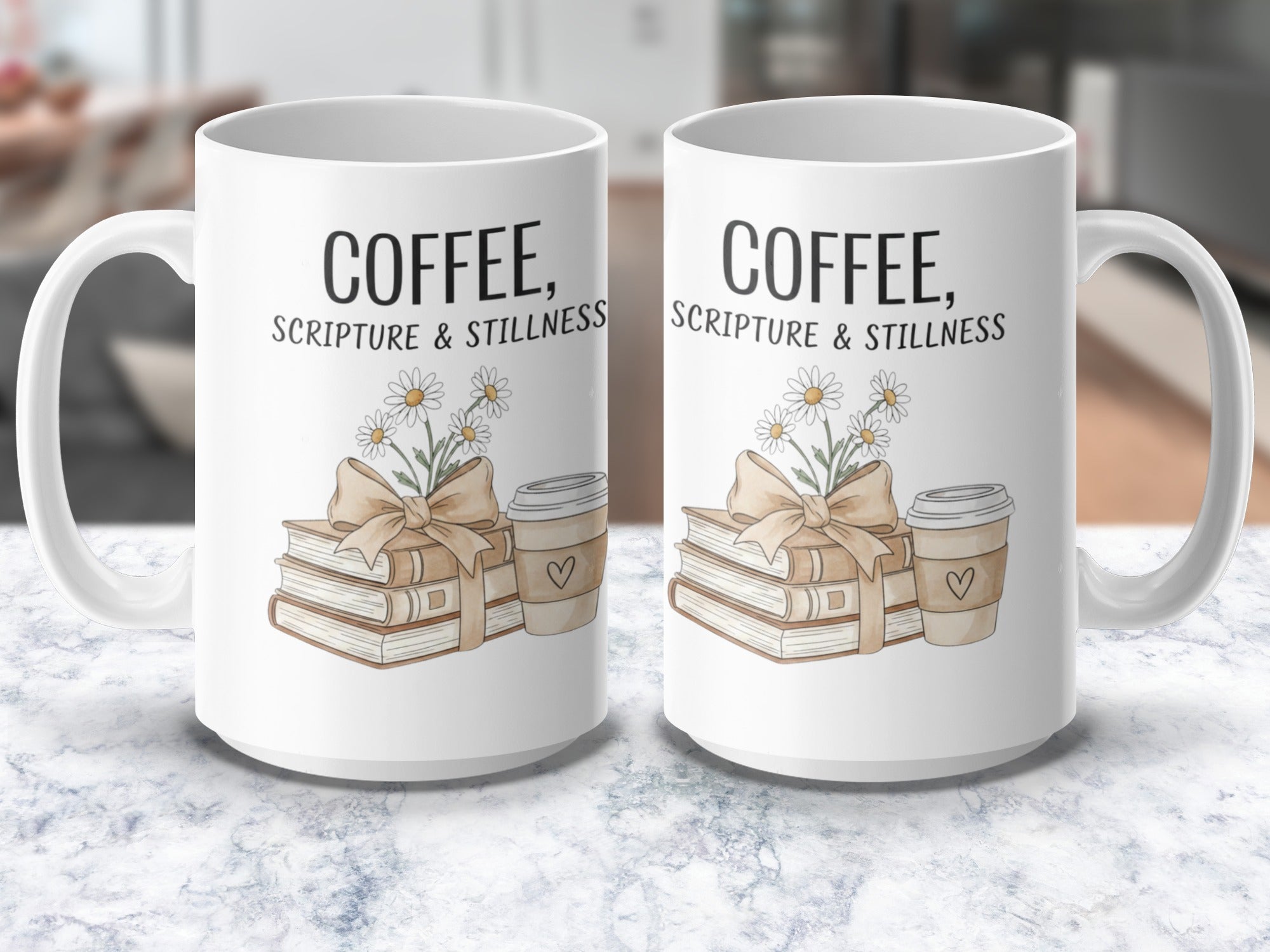 Coffee Scripture and Stillness mugs with books and flowers