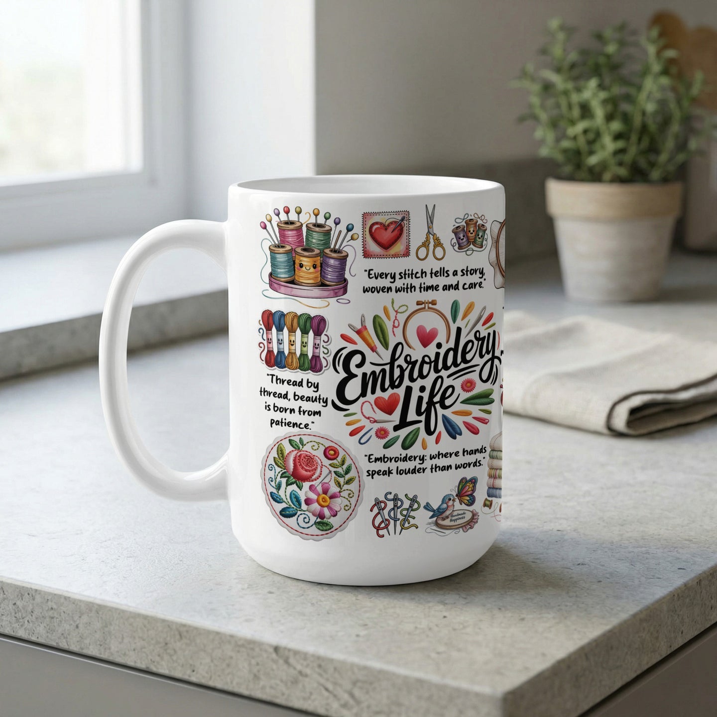Crafting mug for embroidery and sewing enthusiasts