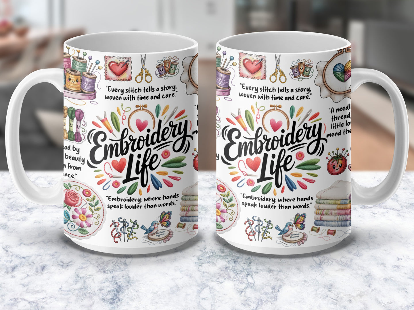 Embroidery coffee mug with needle and thread design