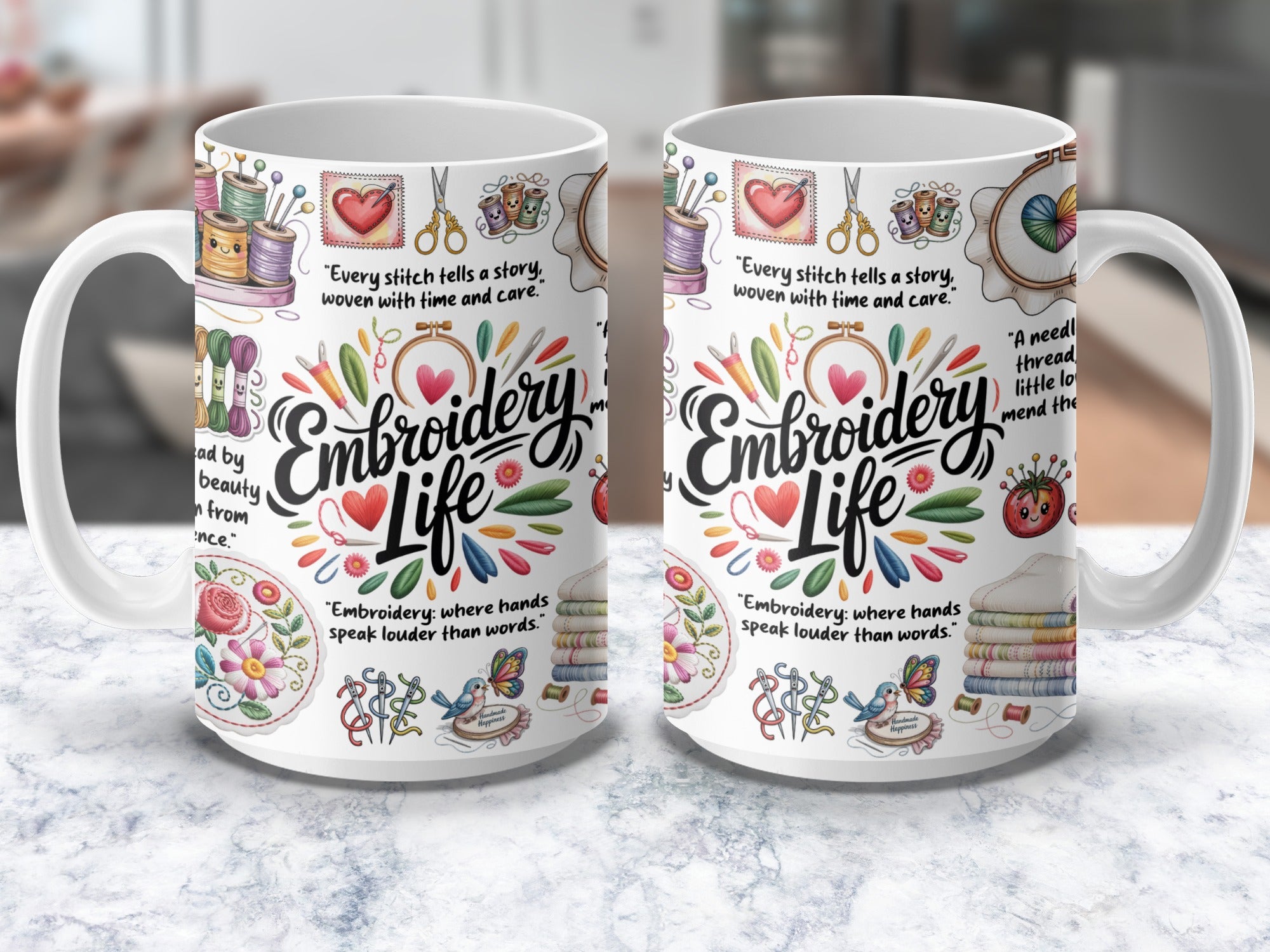 Embroidery coffee mug with needle and thread design