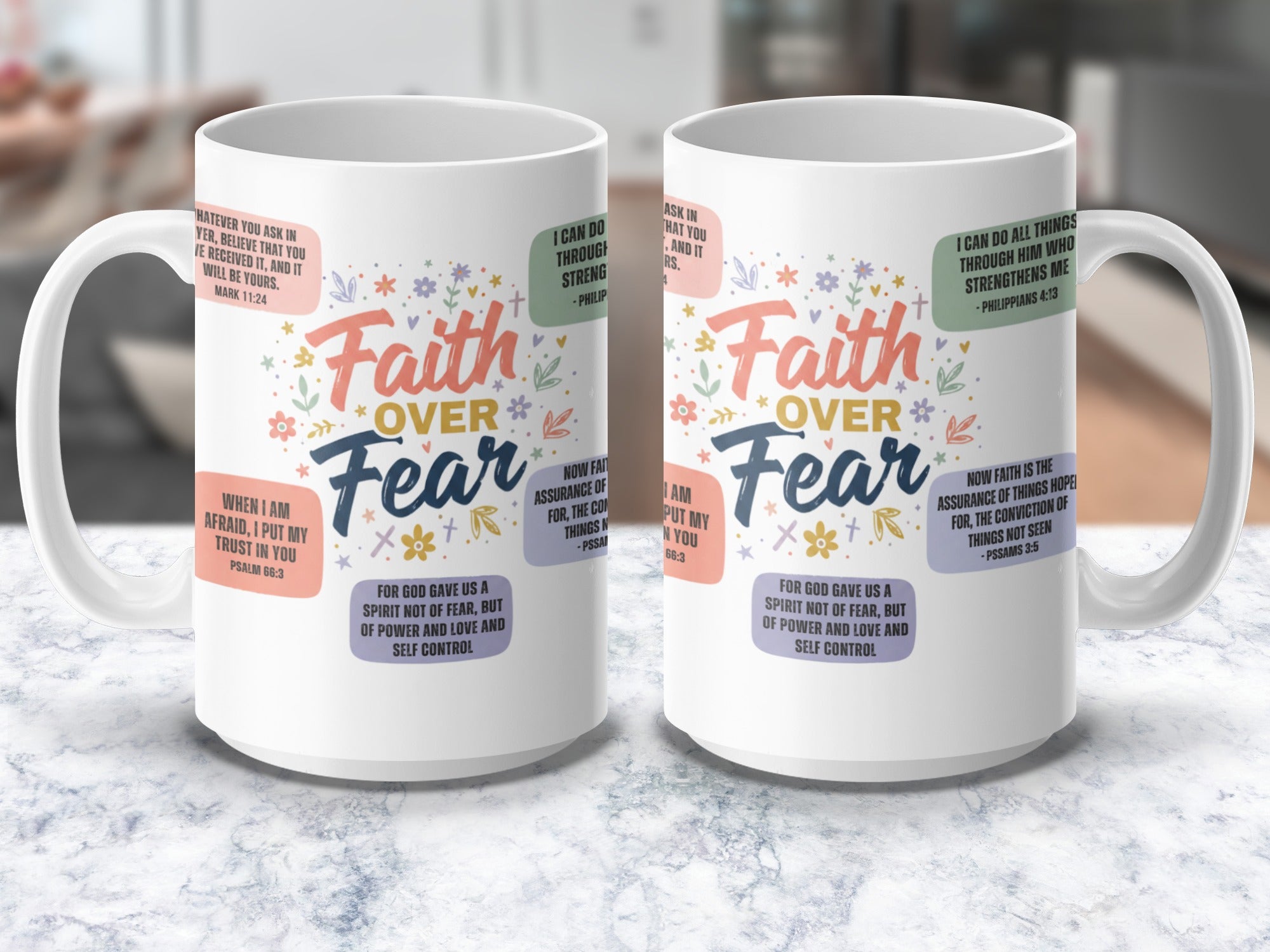 Faith Over Fear Christian coffee mug with Bible verses
