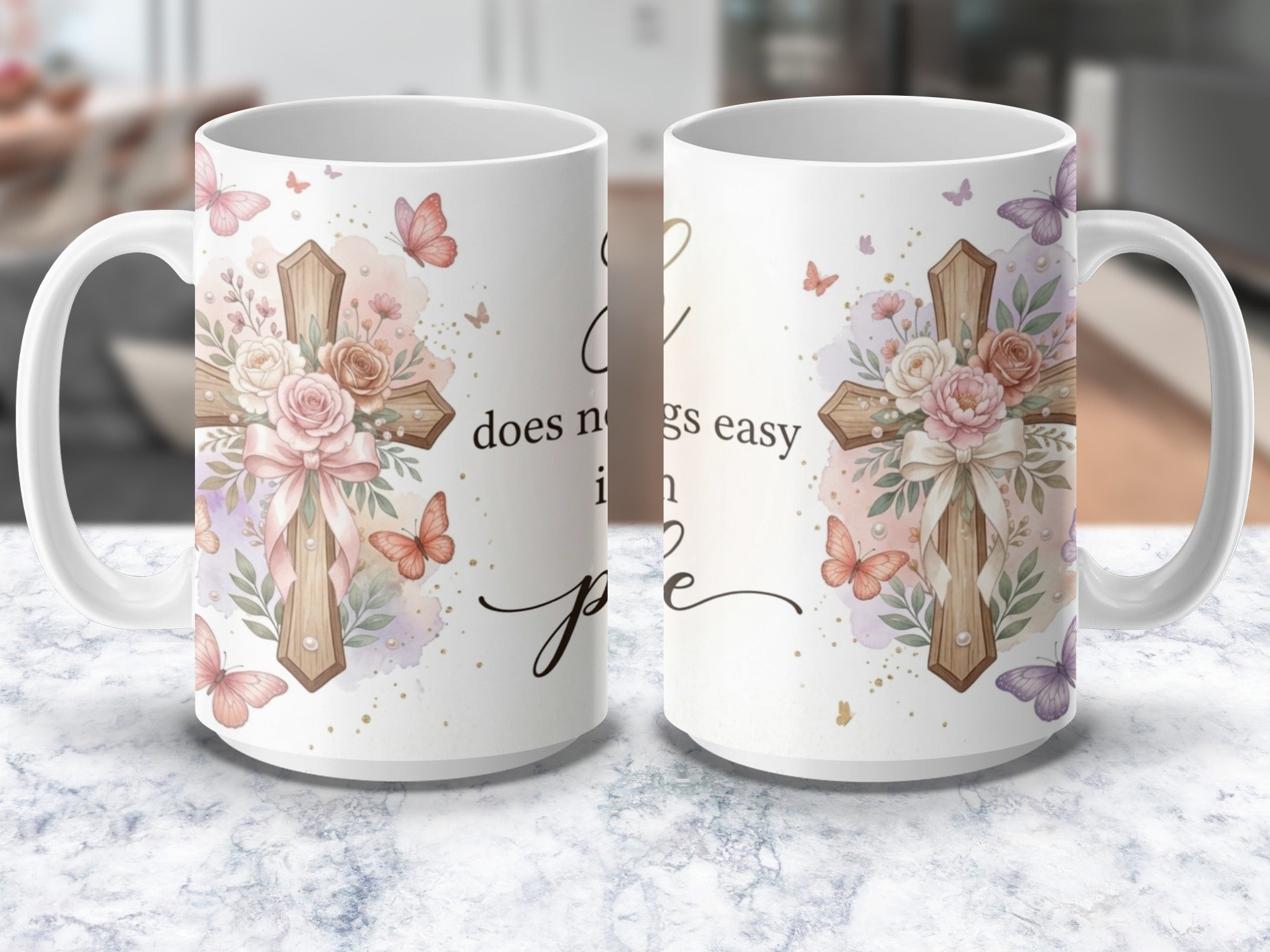 Faith Possible Christian coffee mug with cross and watercolor flowers
