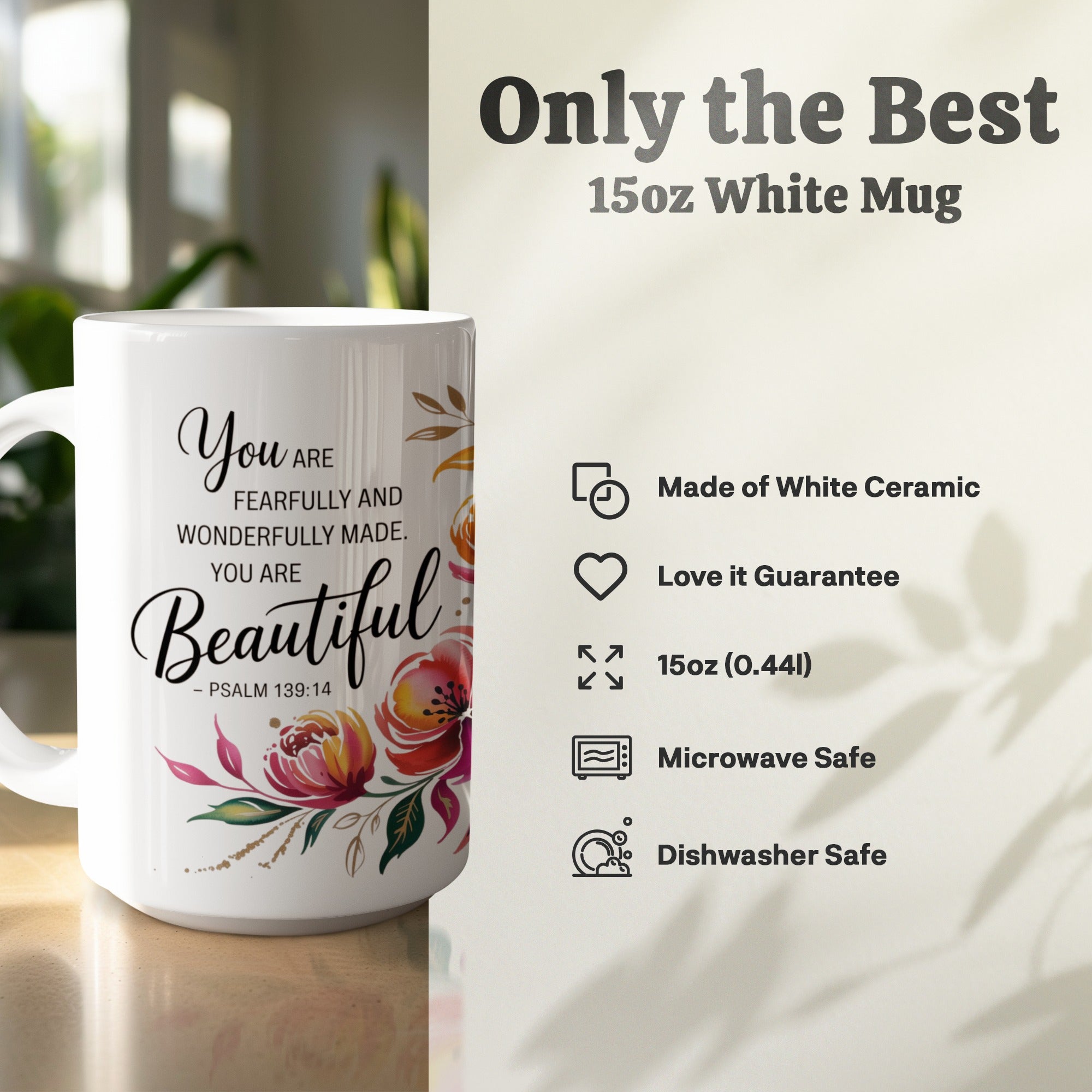 Faith based 15oz coffee mug with floral Bible verse