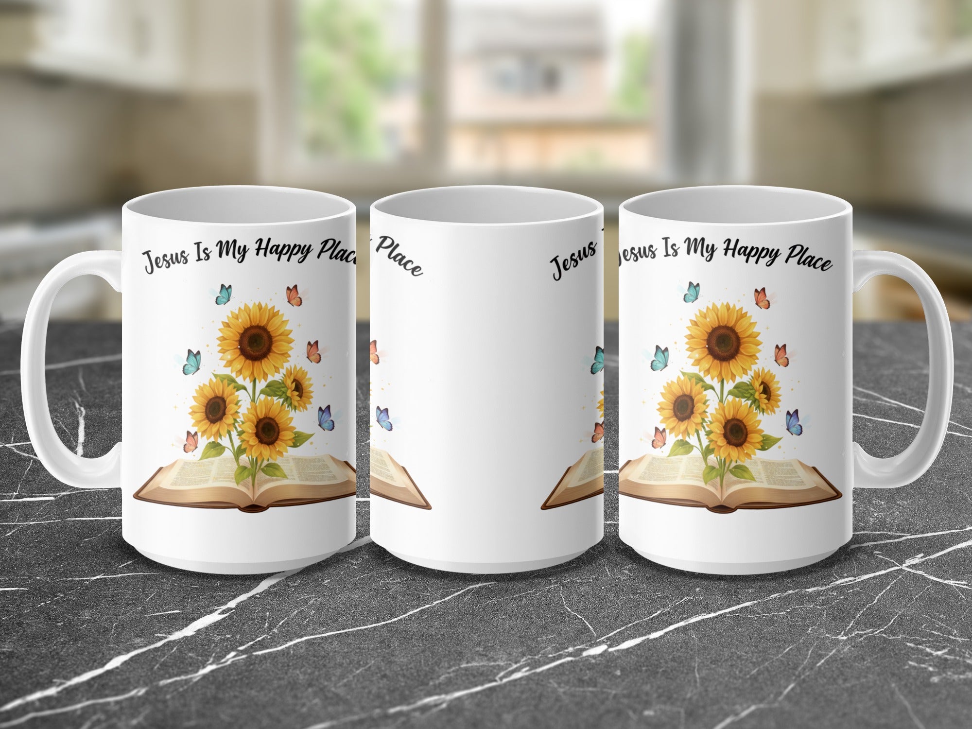 Faith based mug with Bible and sunflower illustration