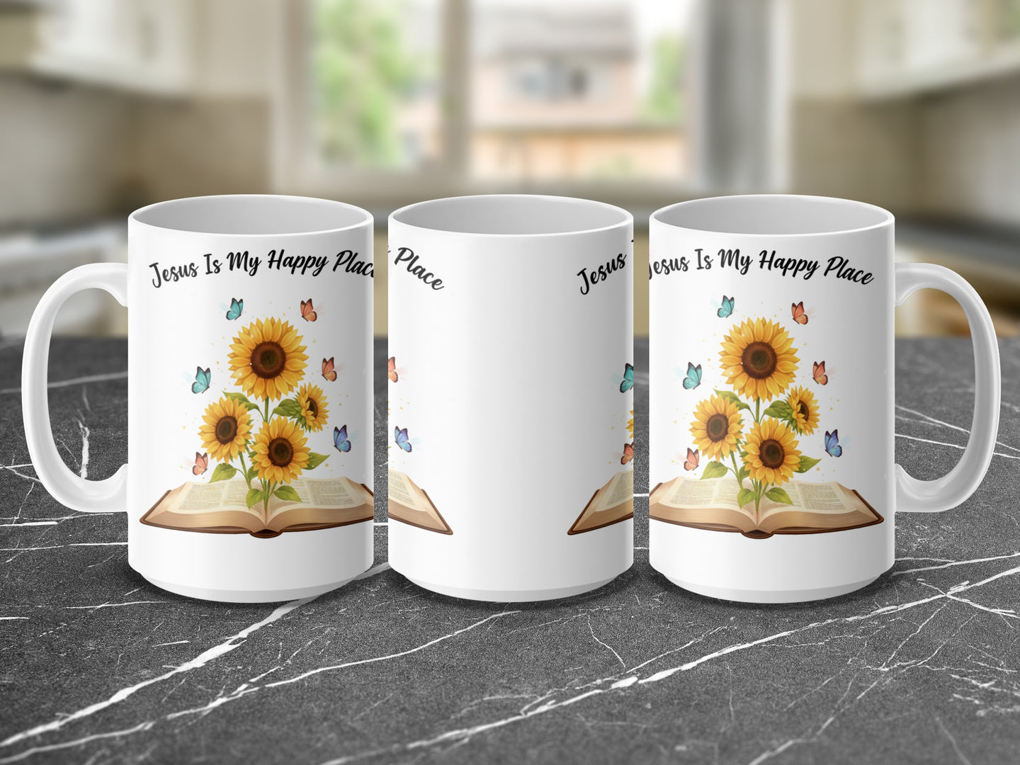 Faith based mug with Bible and sunflower illustration