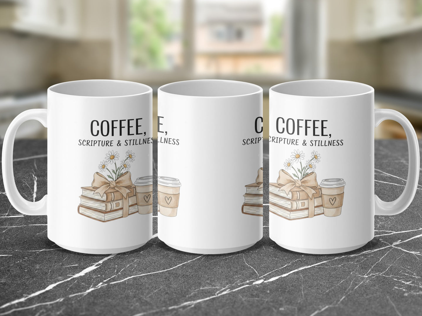 Faith based mug with coffee books and flower design