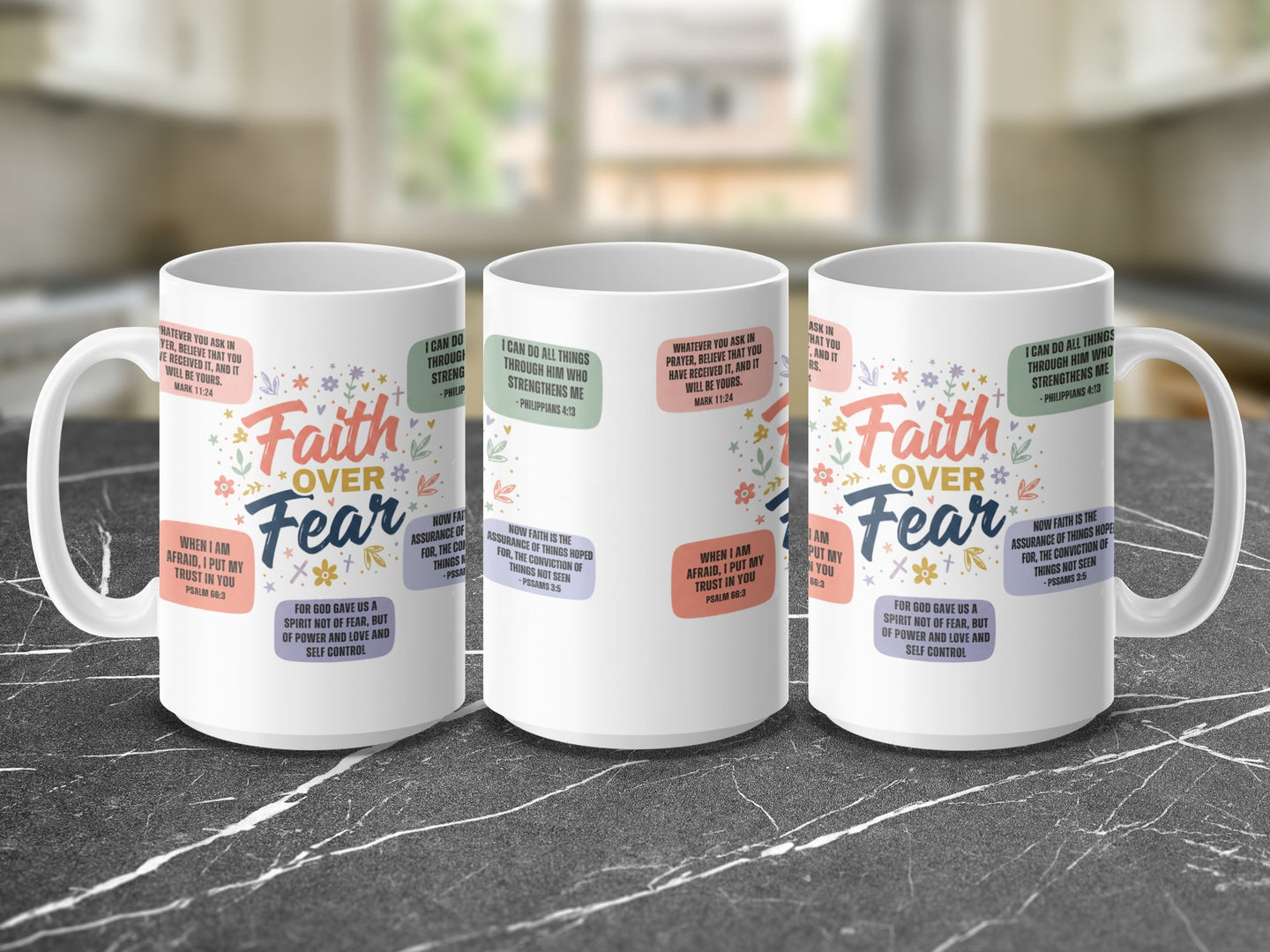 Faith based mug with courage and strength scripture design