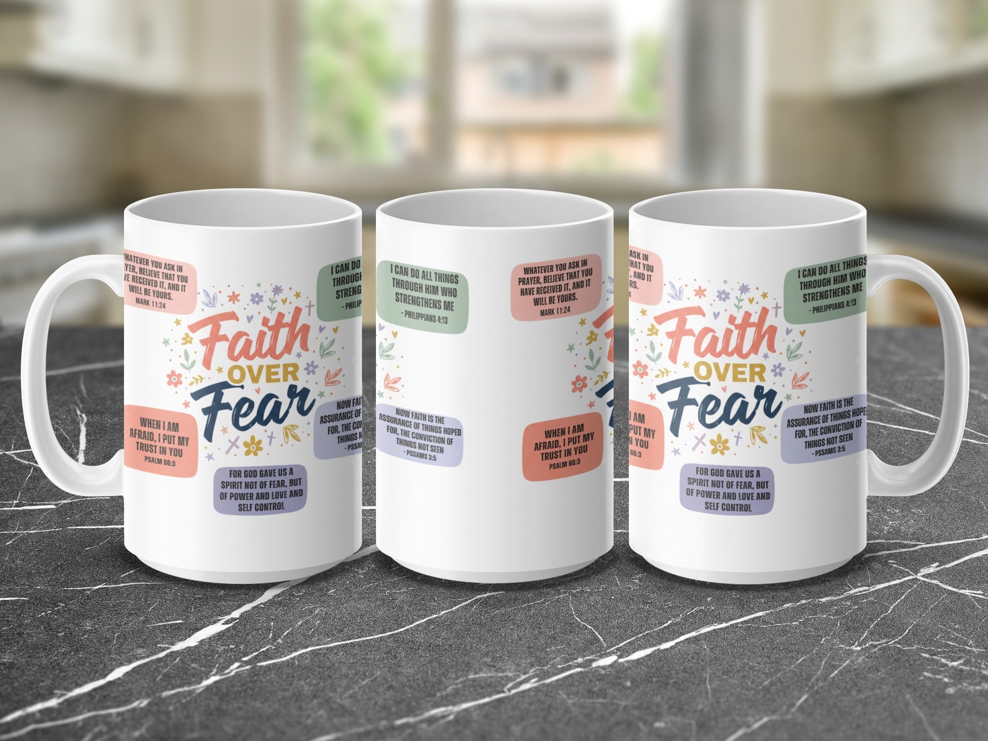Faith based mug with courage and strength scripture design