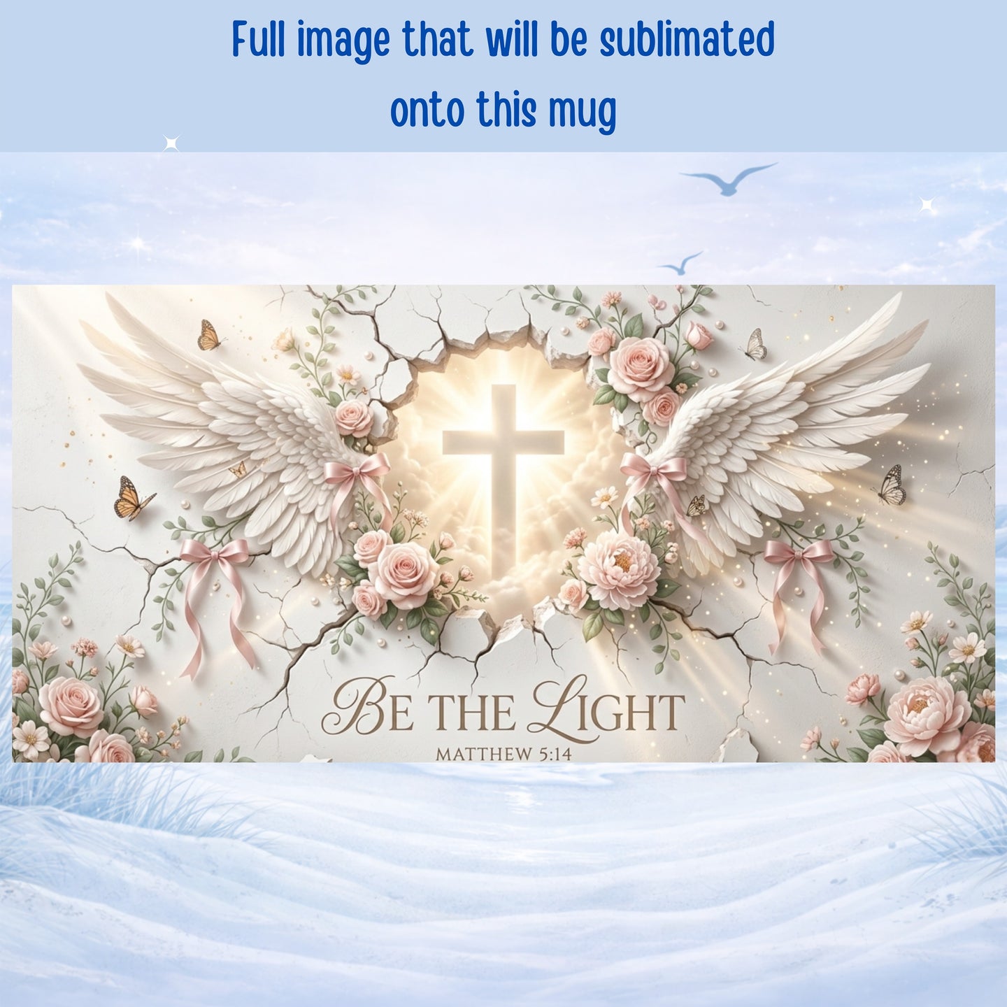 Faith based mug with cross butterflies and floral design