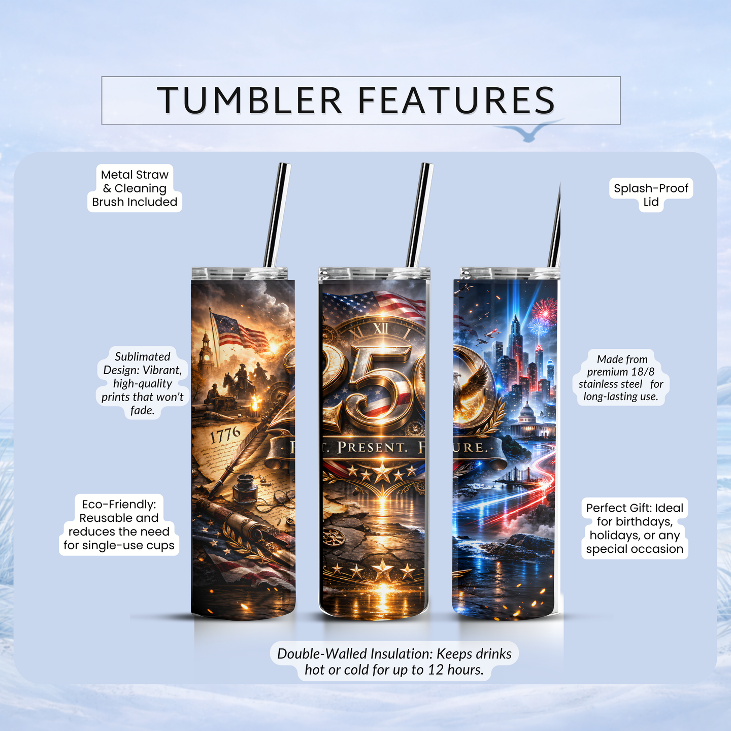 Fourth of July USA 250 anniversary tumbler flag and fireworks