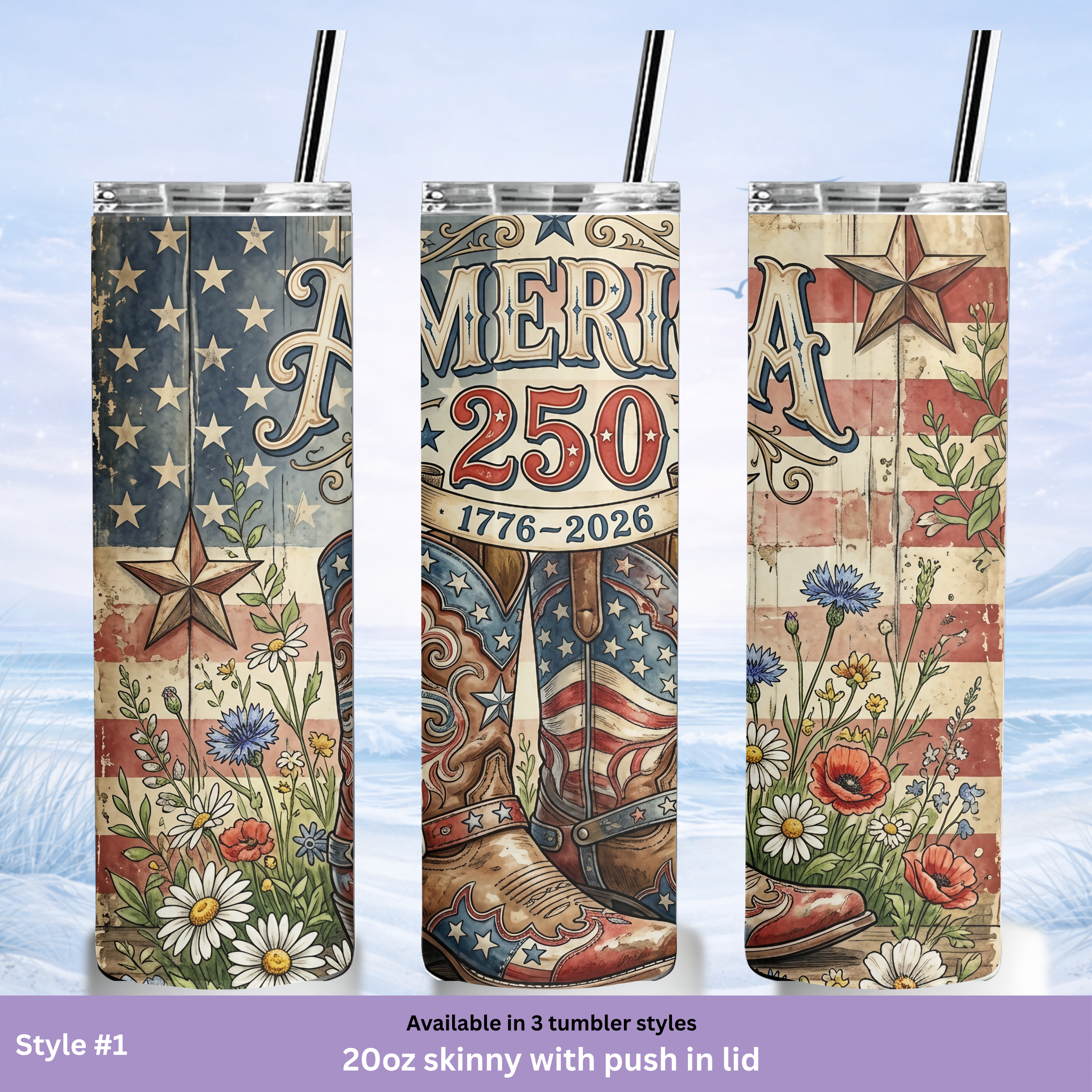 Fourth of July vintage tumbler floral American flag drinkware