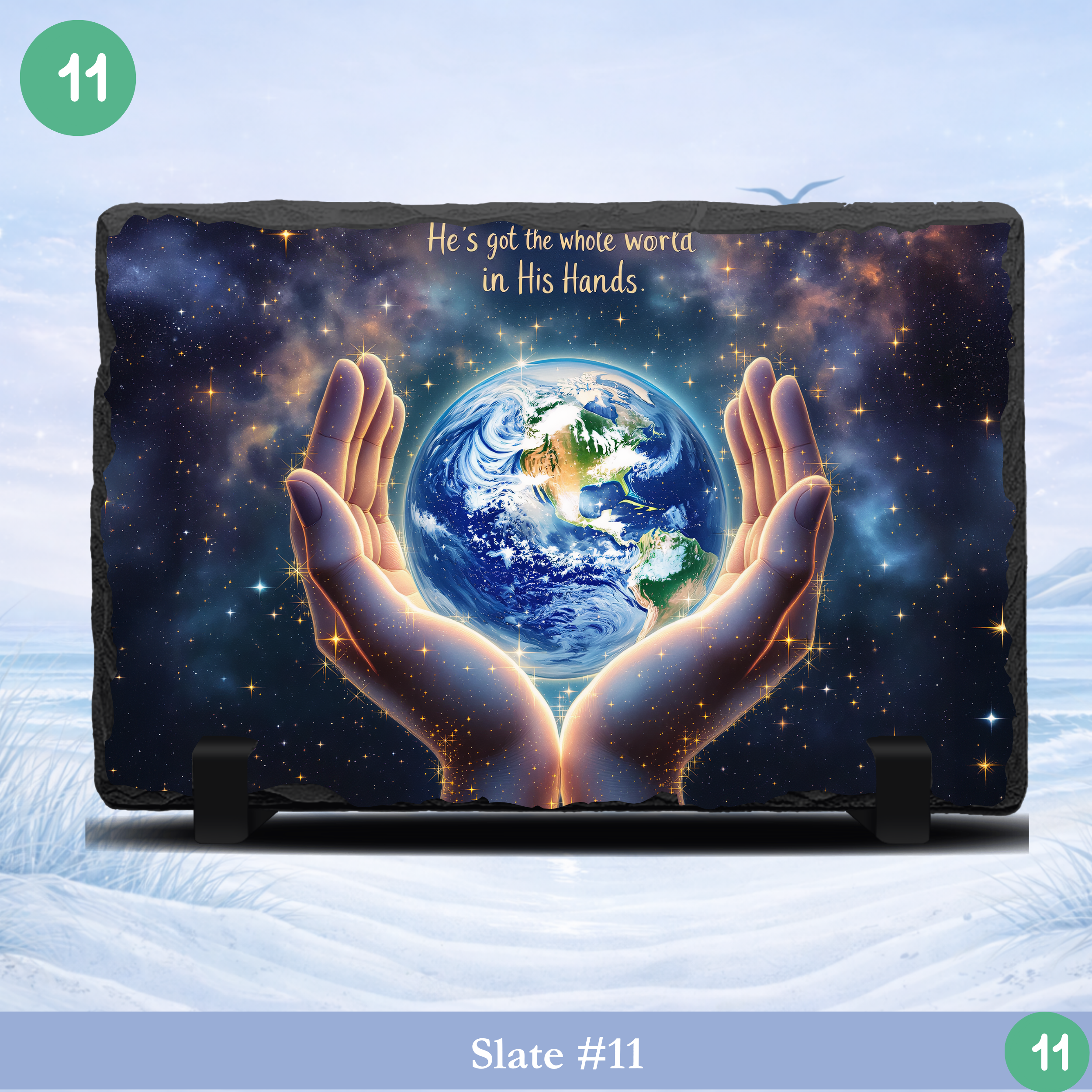 God holds world hands slate