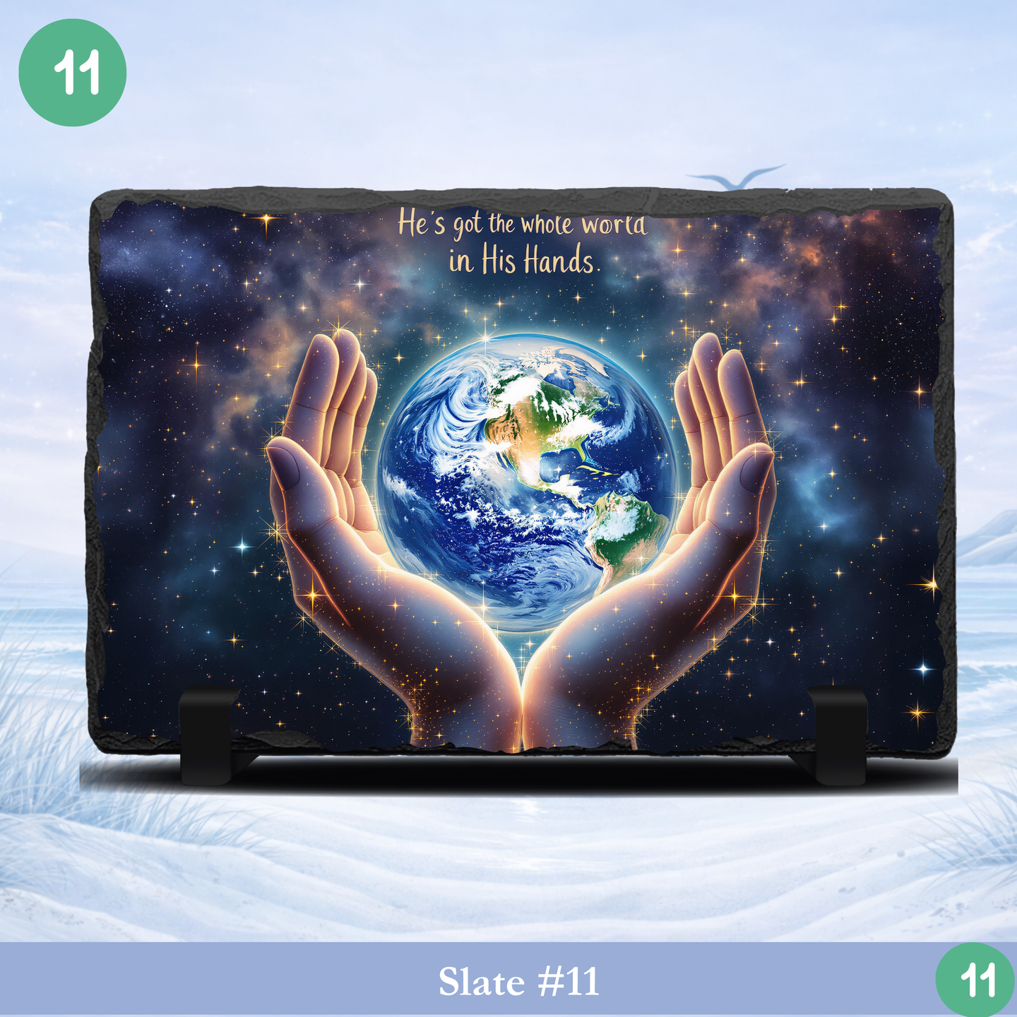 God holds world hands slate