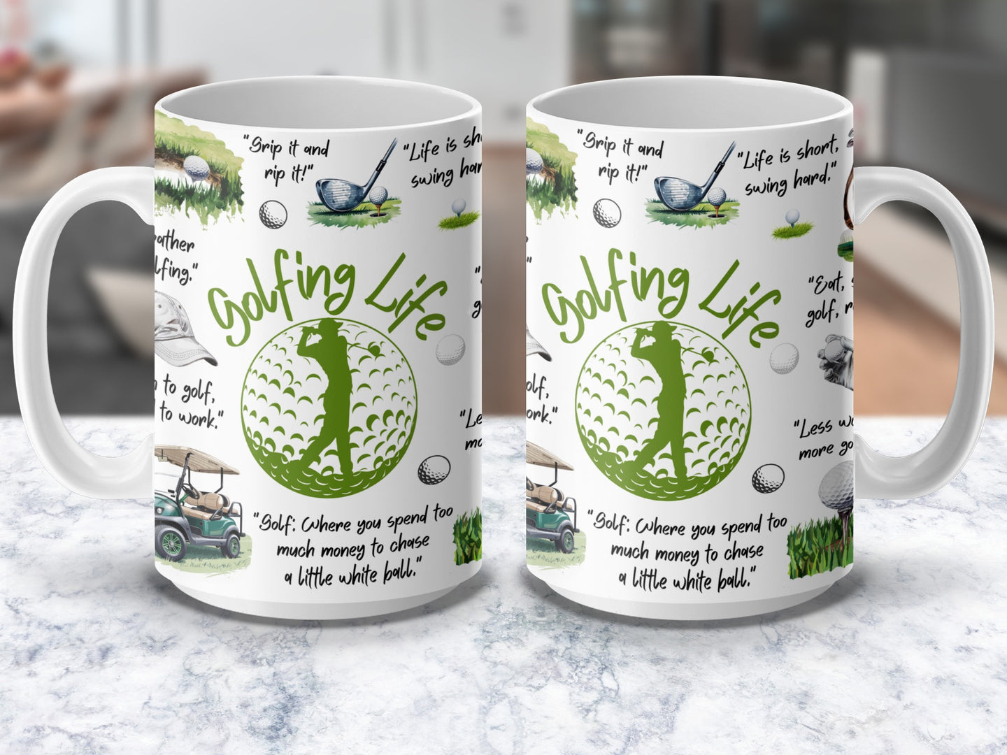 Golf coffee mug with grip it and rip it quote