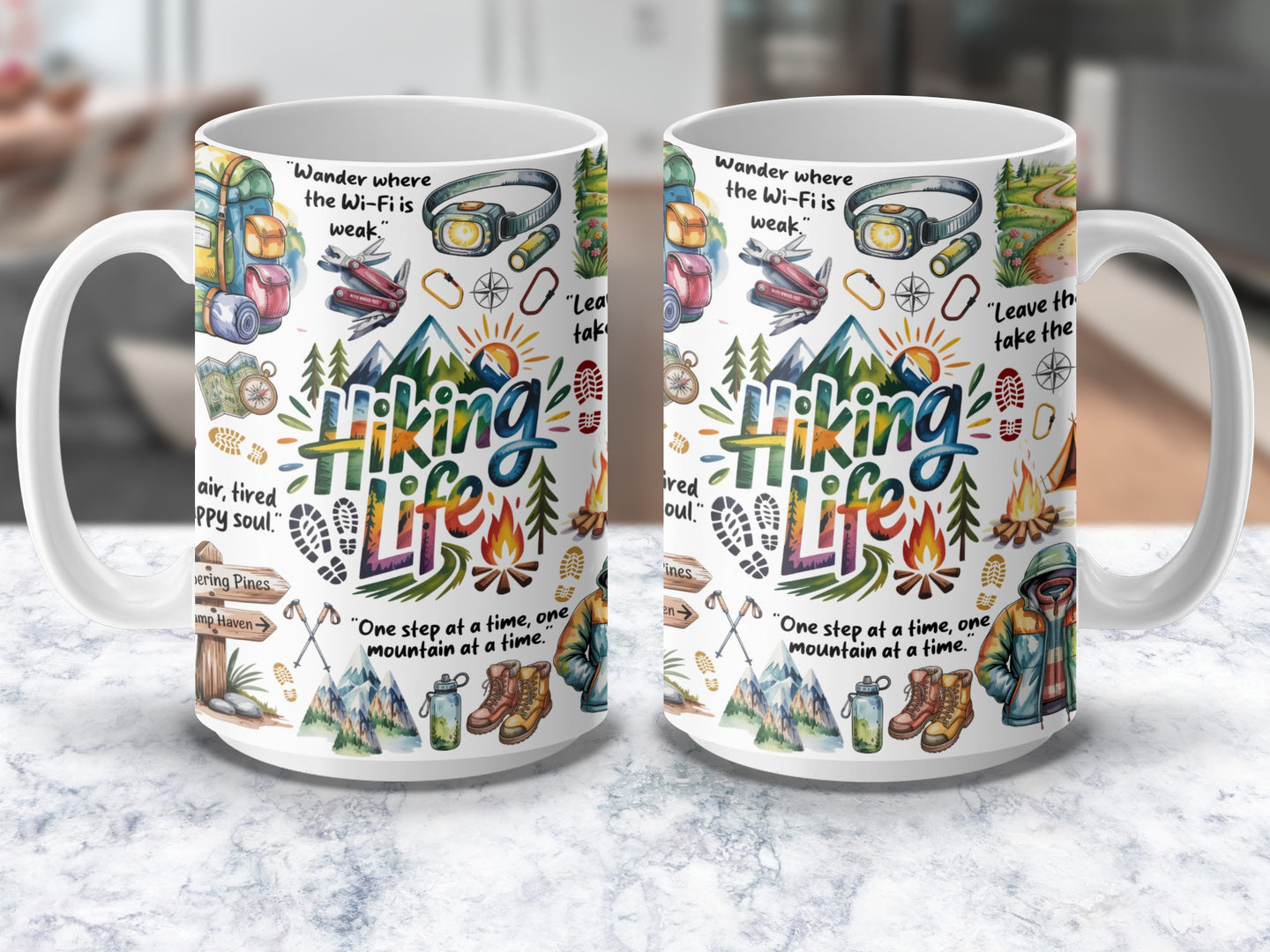 Hiking coffee mug with mountain and trail design