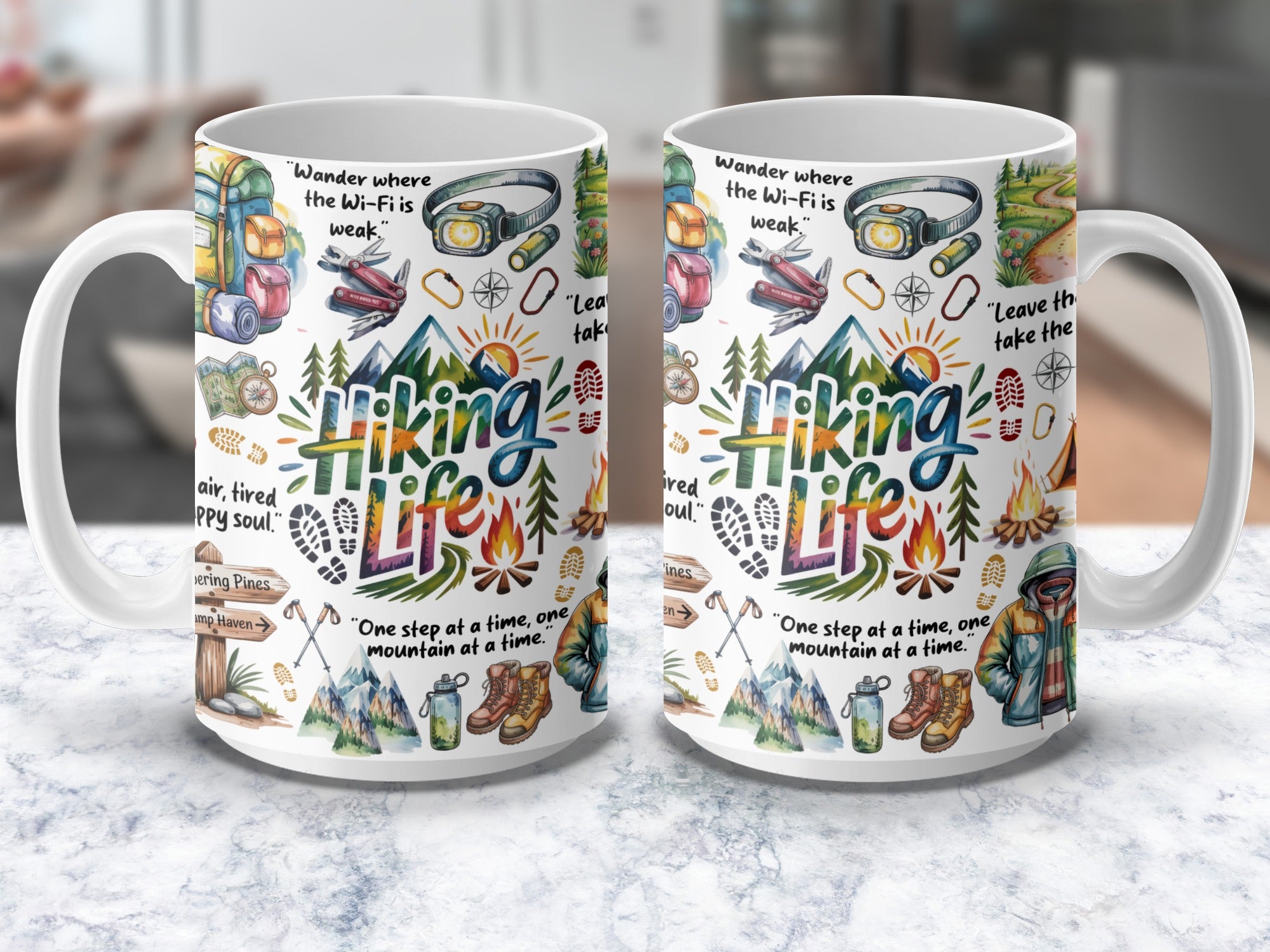 Hiking coffee mug with mountain and trail design