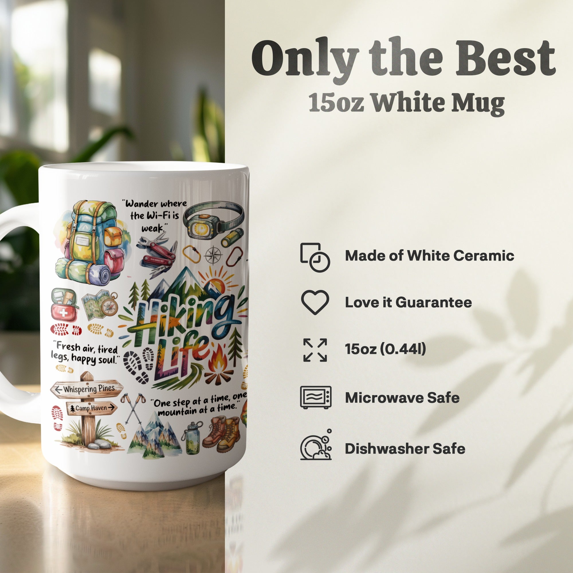 Hiking gift mug with inspirational adventure quotes