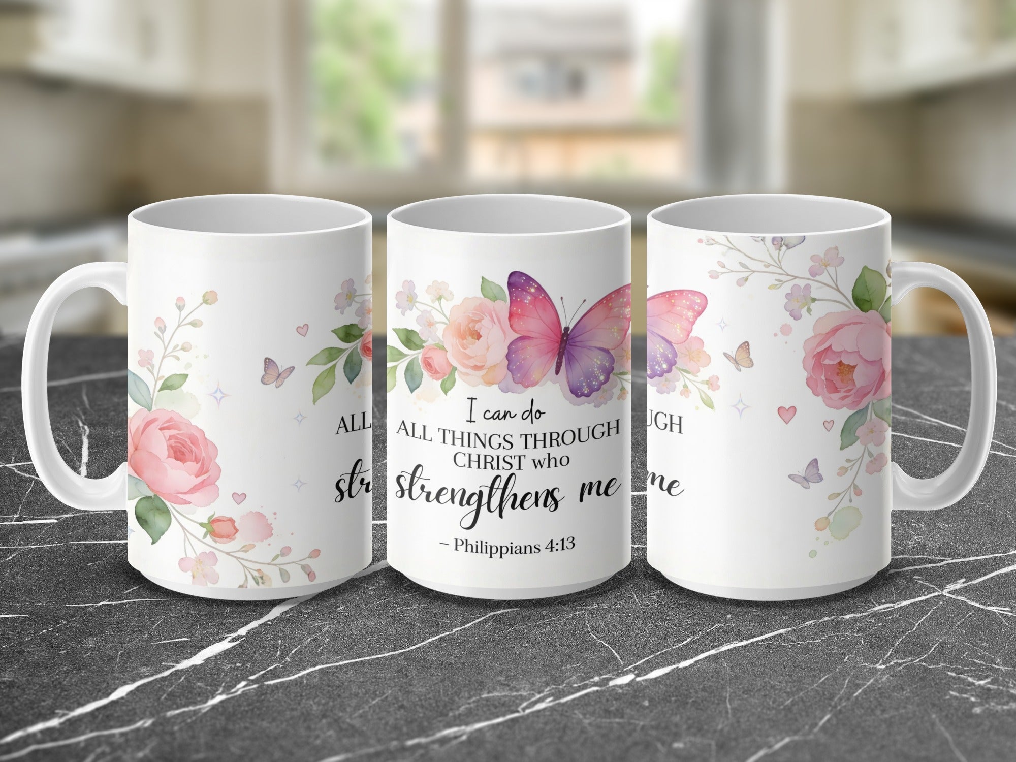 Inspirational Christian mug with Philippians 4:13 scripture