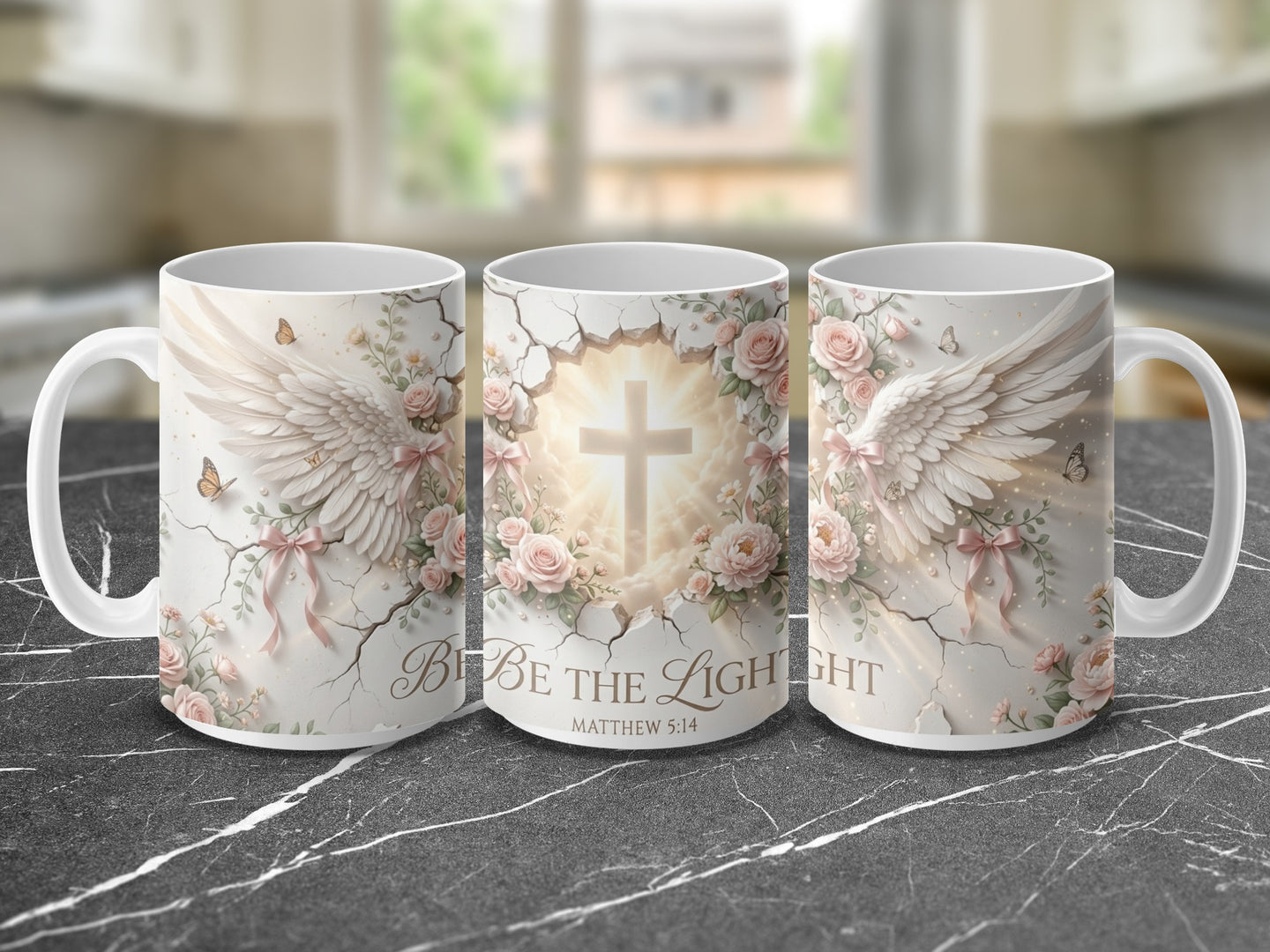 Inspirational Christian mug with angel wings and cross