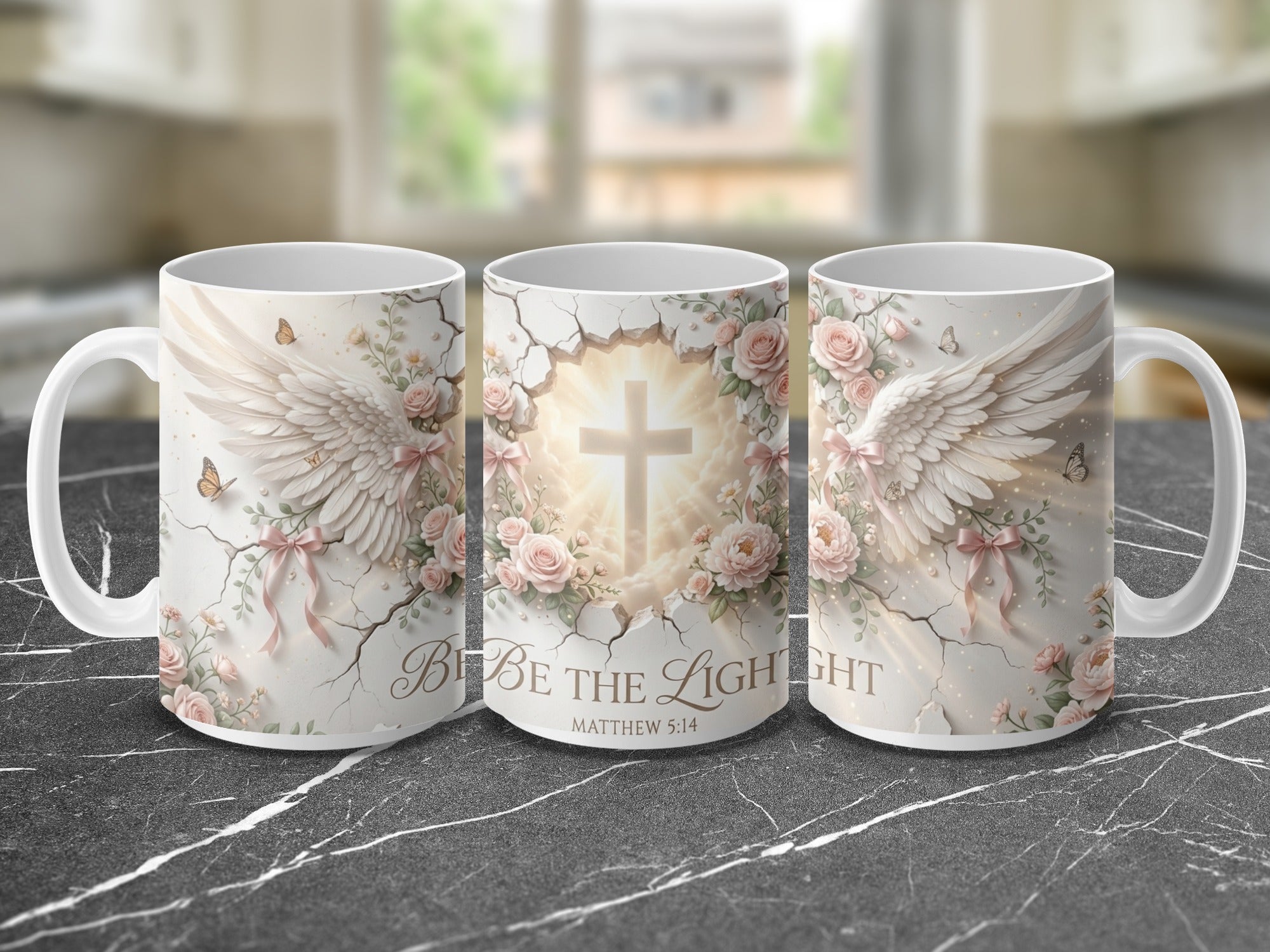 Inspirational Christian mug with angel wings and cross