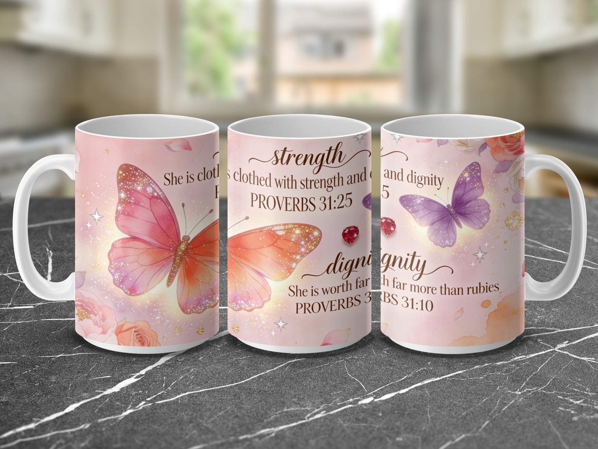 Inspirational Christian mug with strength and dignity scripture