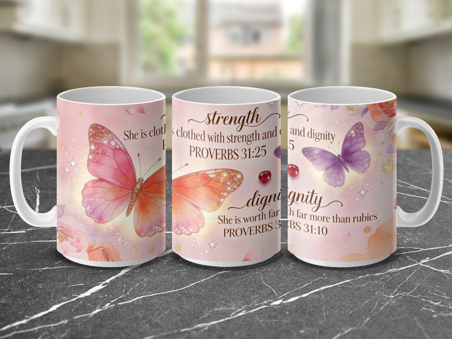 Inspirational Christian mug with strength and dignity scripture