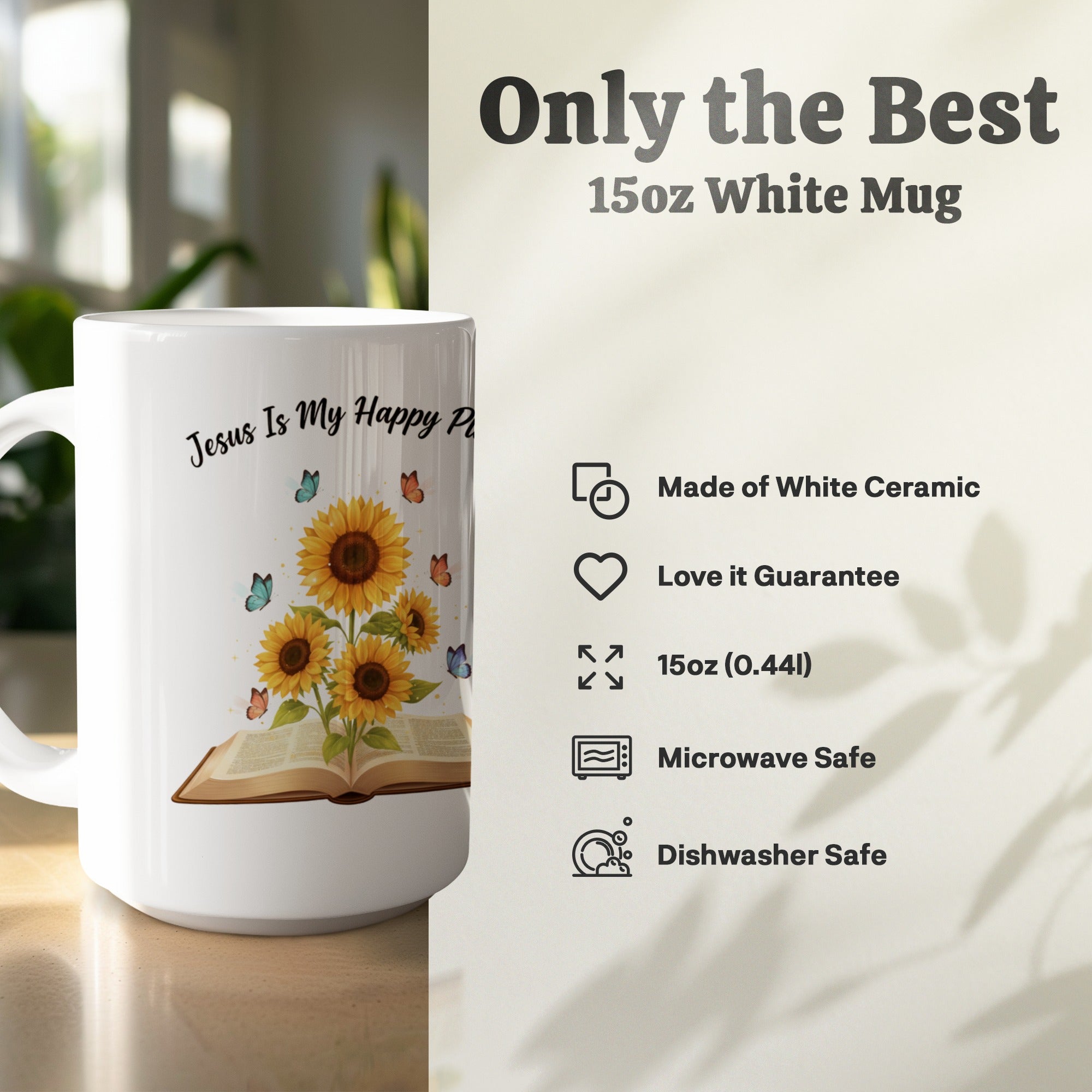 Inspirational Christian mug with sunflower and scripture theme